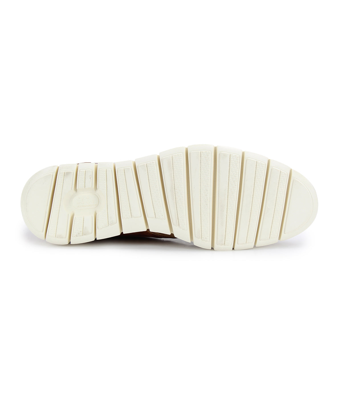The Barton by Bed|Stü features a white rubber sole with horizontal grooves, shown from the bottom against a plain white background—an ideal lightweight sole for this high-top sneaker.