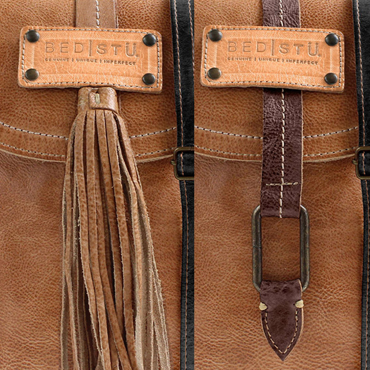 Close-up of the Bed|Stü Studio Tassel Strap, a brown leather bag featuring two closure styles—a tassel on the left and a leather buckle strap on the right—both positioned beneath a rectangular "Bed|Stü" logo patch. These distinctive details offer inspiration for building your own bag or customizing a personalized style.
