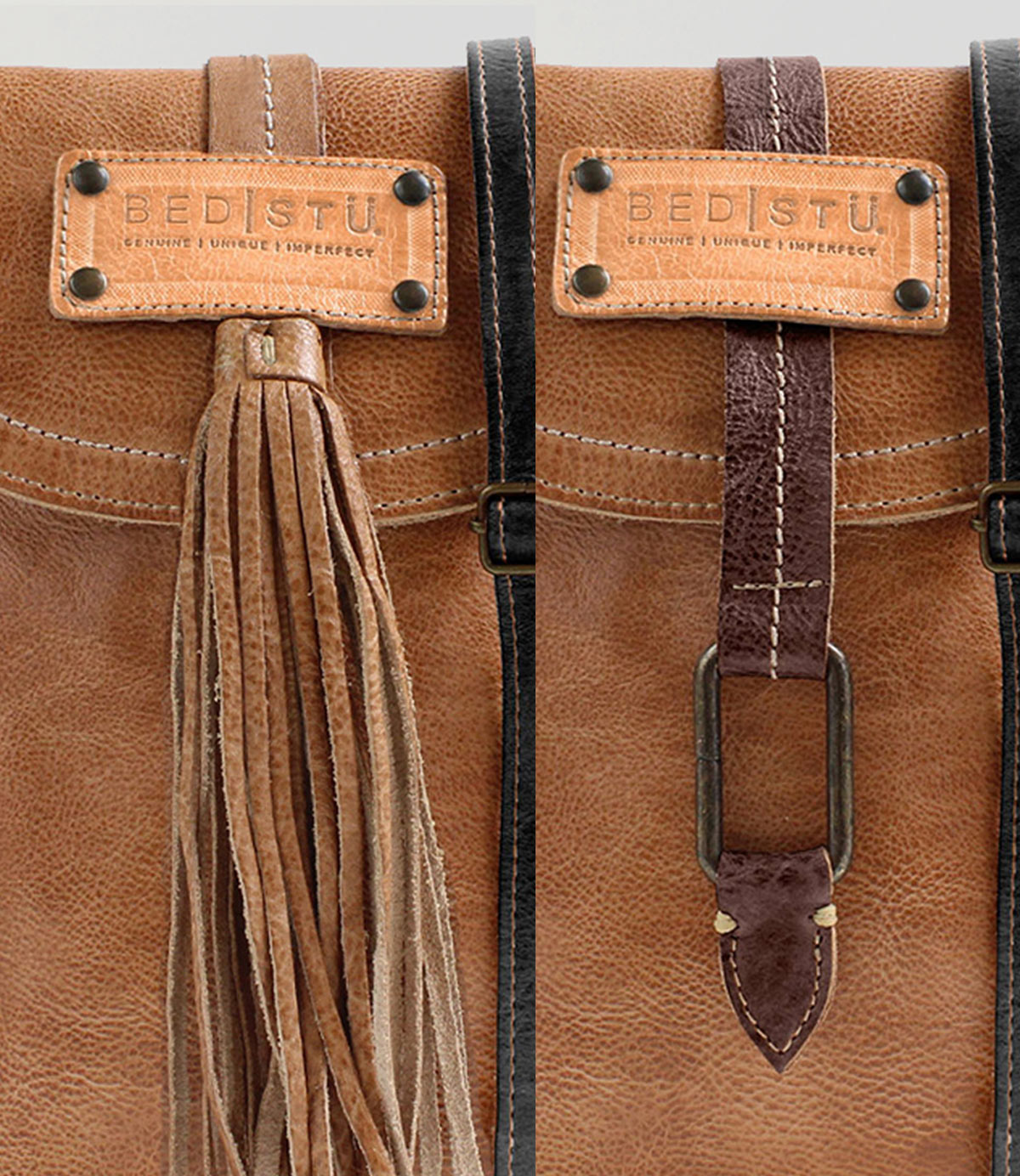 Close-up of the Bed|Stü Studio Tassel Strap, a brown leather bag featuring two closure styles—a tassel on the left and a leather buckle strap on the right—both positioned beneath a rectangular "Bed|Stü" logo patch. These distinctive details offer inspiration for building your own bag or customizing a personalized style.