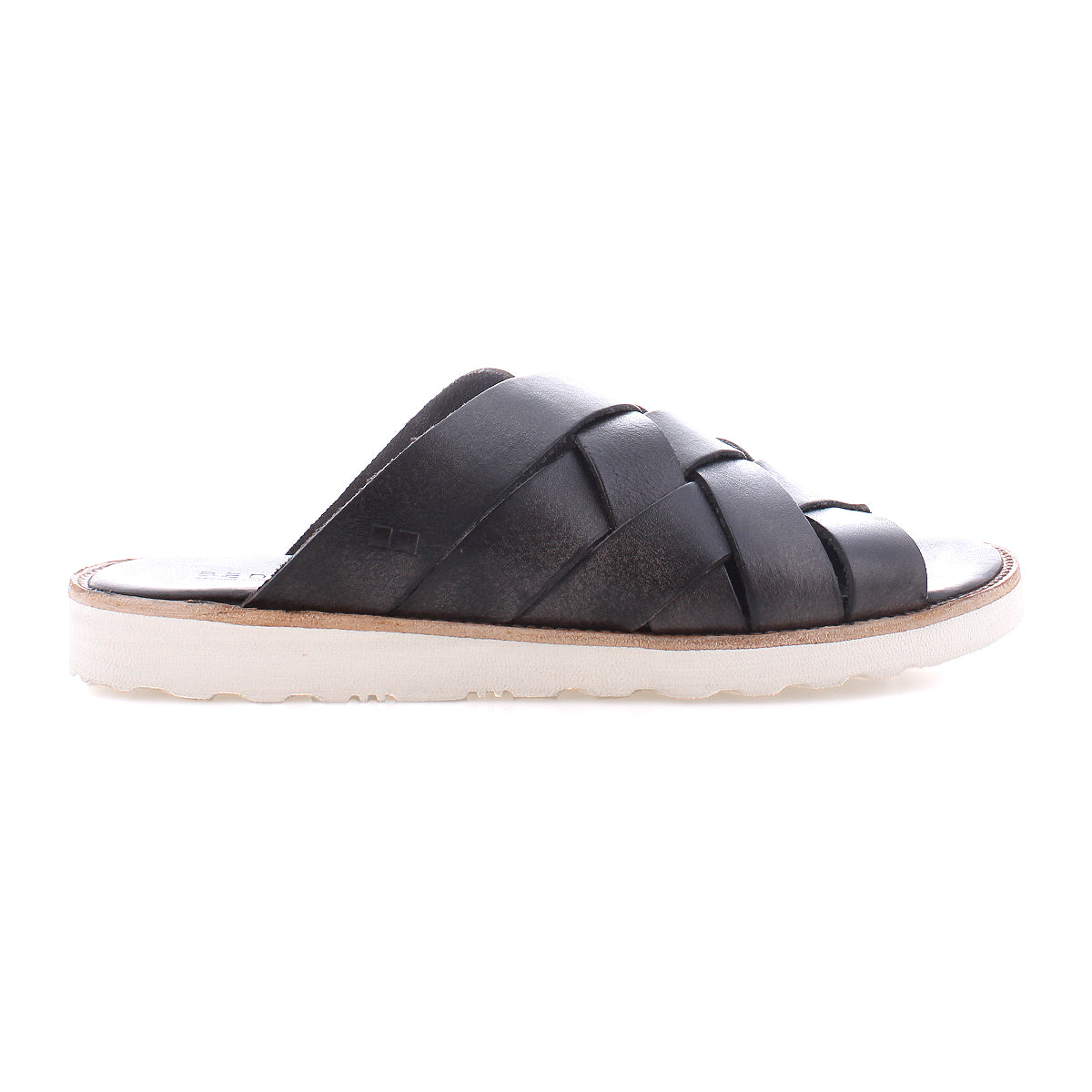 The Bed|Stü Abraham Light sandal is shown from the side on a plain white background, featuring a single black woven leather upper and a white textured, lightweight outsole.
