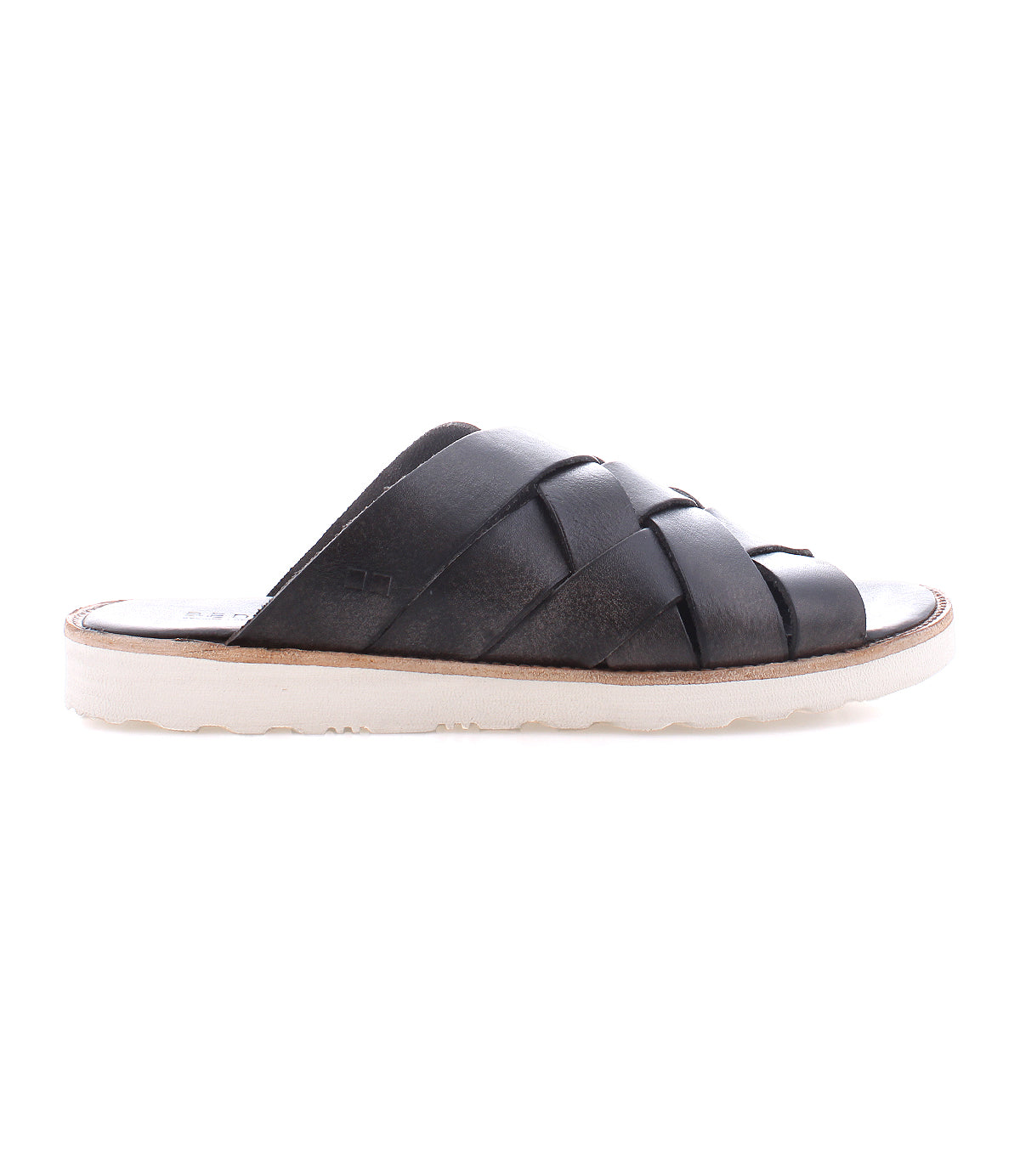 The Bed|Stü Abraham Light sandal is shown from the side on a plain white background, featuring a single black woven leather upper and a white textured, lightweight outsole.