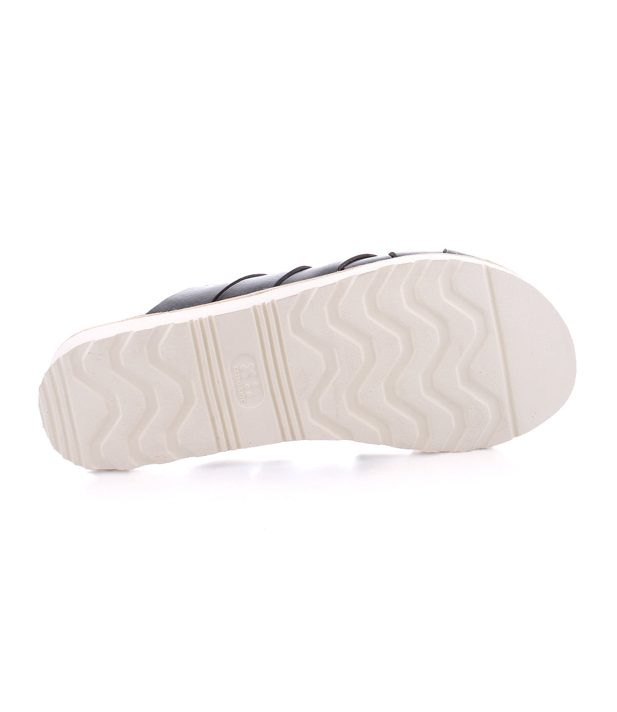 The image displays the bottom view of the Bed|Stü Abraham Light sandal, featuring a black upper and a white, textured, non-slip sole with a lightweight outsole, set against a white background.