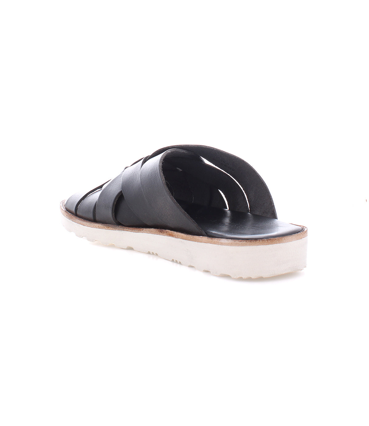 The Abraham Light by Bed|Stü is a black open-toe sandal featuring a woven leather upper, crisscross straps, and a white lightweight outsole, shown from the back side on a white background.
