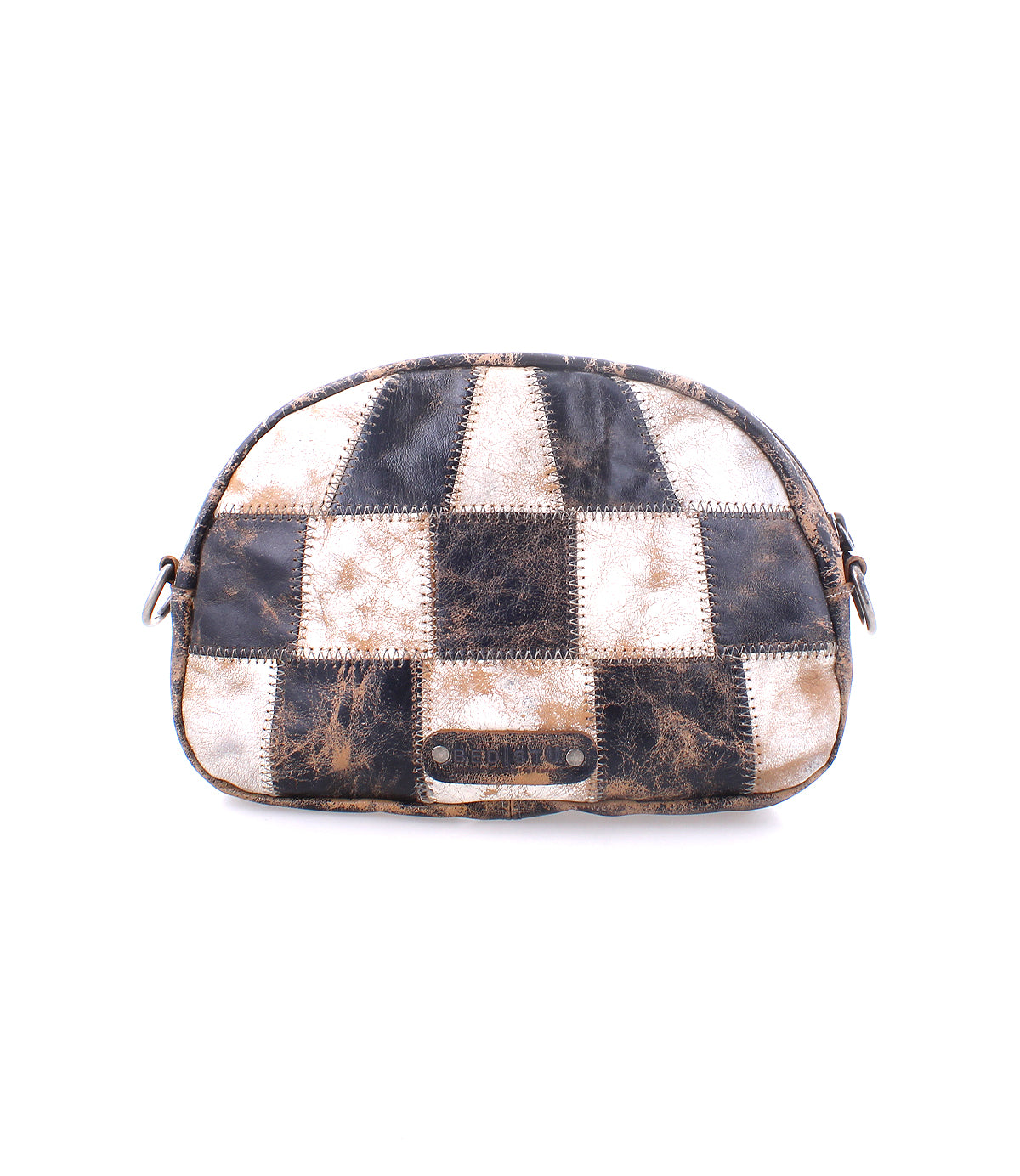 Abundance by Bed|Stü is a small zippered pouch made from sustainable reclaimed leather patches, featuring a distressed black and white checkerboard pattern and shown against a white background.