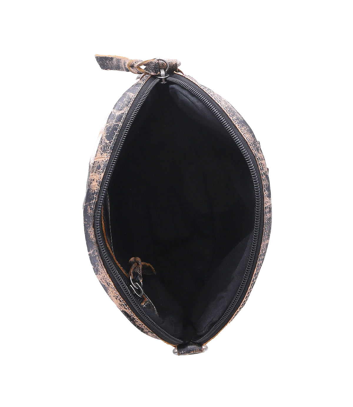 Top view of the Bed|Stü Abundance pouch, an oval-shaped accessory crafted from reclaimed leather, featuring a zipper closure, spacious black interior, and a wrist strap attached to the zipper pull.