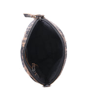 Top view of the Bed|Stü Abundance pouch, an oval-shaped accessory crafted from reclaimed leather, featuring a zipper closure, spacious black interior, and a wrist strap attached to the zipper pull.