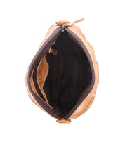 Top view of the Bed|Stü Abundance crossbody bag in tan, crafted from sustainable reclaimed leather, showcasing a dark fabric interior, zippered opening, and an inner pocket visible on the left side.