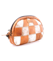 Abundance zippered pouch by Bed|Stü, featuring a brown and white patchwork design in sustainable reclaimed leather, with "BED|STU" label on the front, shown against a white background.