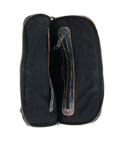 The Bed|Stü Aiken open black zippered pouch features two compartments—one with a leather strap and subtly worn edges for added character—presented against a white background and thoughtfully designed to complement your favorite full-grain leather bag.