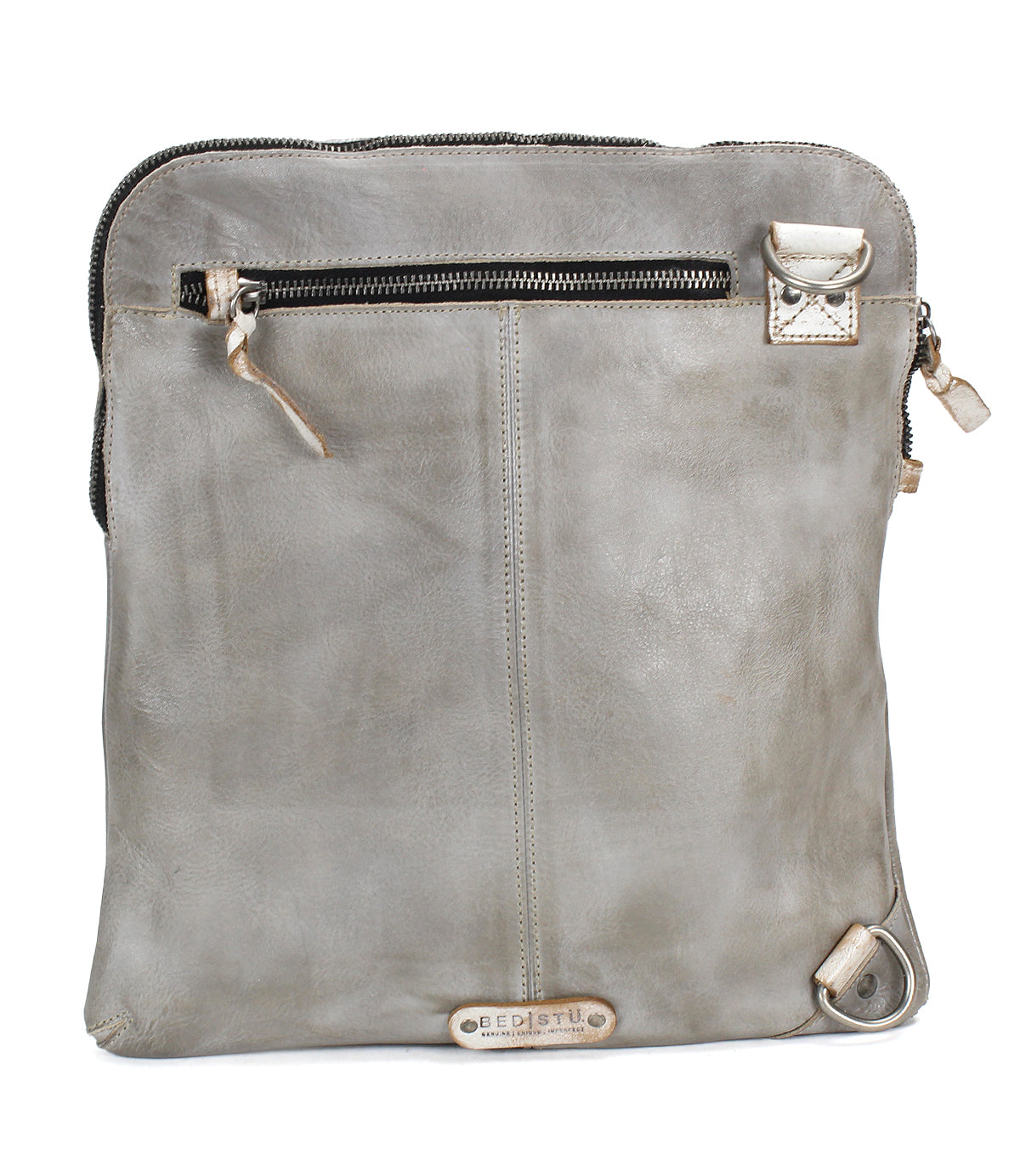 Introducing the Aiken by Bed|Stü—a square-shaped, gray full-grain leather crossbody bag featuring a front zipper pocket, metal hardware, visible stitching details, and an adjustable strap for comfortable wear. Enhanced with subtle anti-theft security features, the Aiken seamlessly blends style and peace of mind for life on the go.