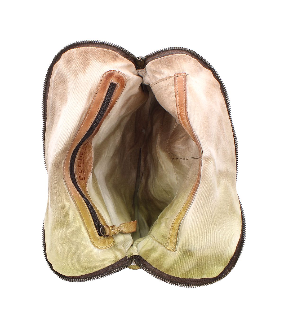 Introducing the Bed|Stü Aiken bag, crafted from full-grain leather and secured with a zipper closure. Its spacious main compartment and inner zippered pocket provide added anti-theft security. The bag is shown empty from a top view and features an adjustable strap for comfortable carrying.