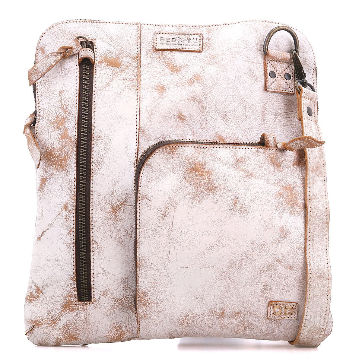 The Aiken crossbody bag by Bed|Stü features light brown full-grain leather, two front zippered pockets, an adjustable and detachable strap, visible stitching details, and built-in anti-theft security features.