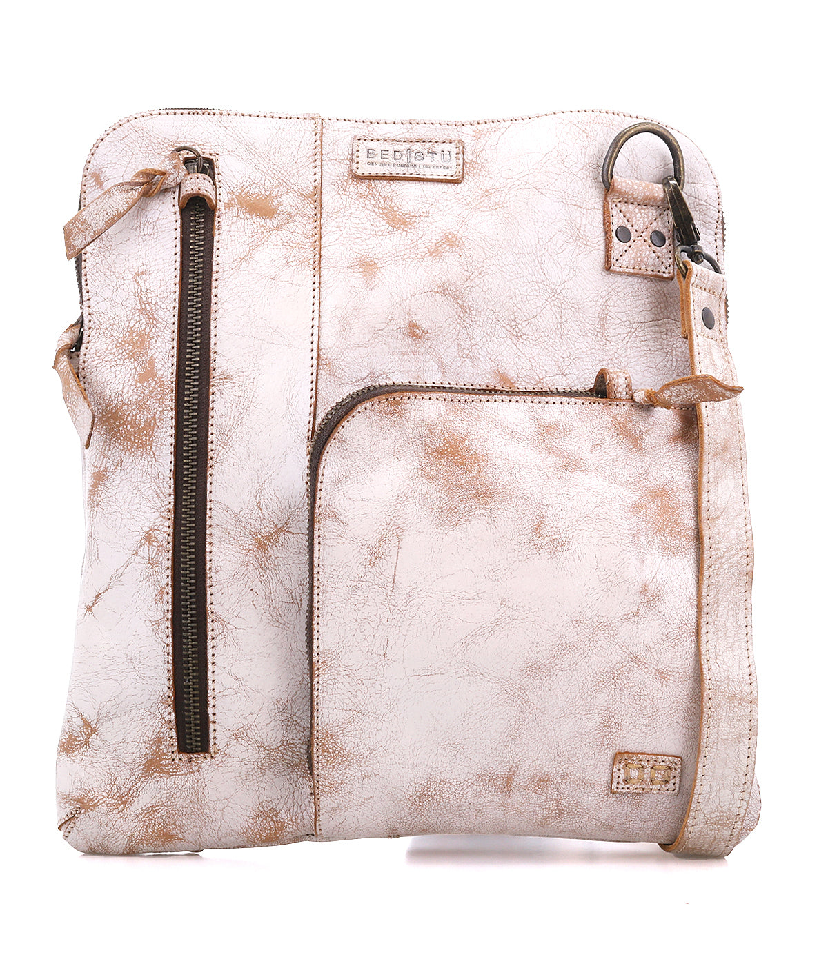 The Aiken crossbody bag by Bed|Stü features light brown full-grain leather, two front zippered pockets, an adjustable and detachable strap, visible stitching details, and built-in anti-theft security features.