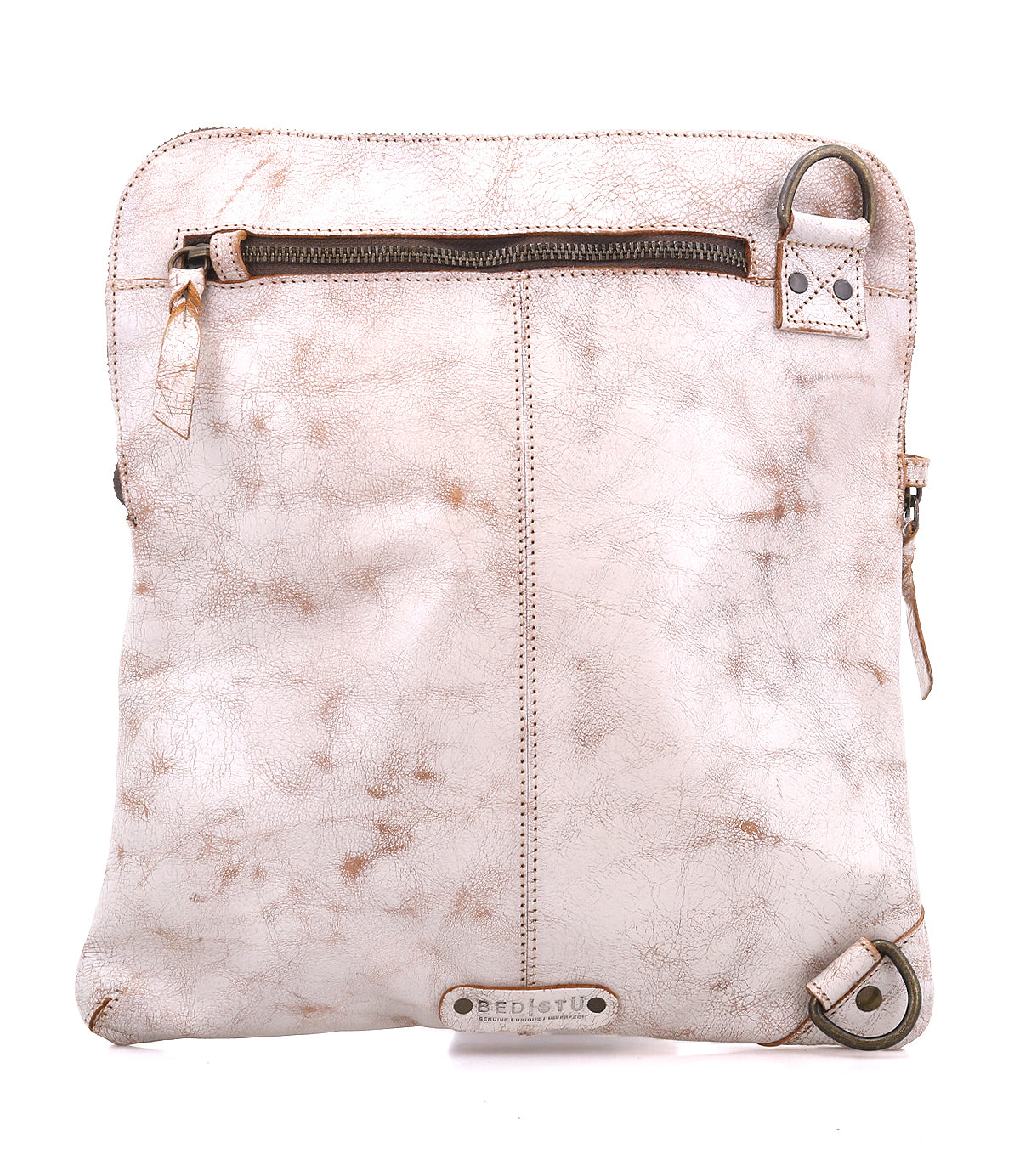 The Aiken by Bed|Stü is a square crossbody bag crafted from light beige full-grain leather, featuring visible stitching, metal hardware, and a front zipper pocket. Designed for versatility, it comes with an adjustable strap to ensure a comfortable fit.