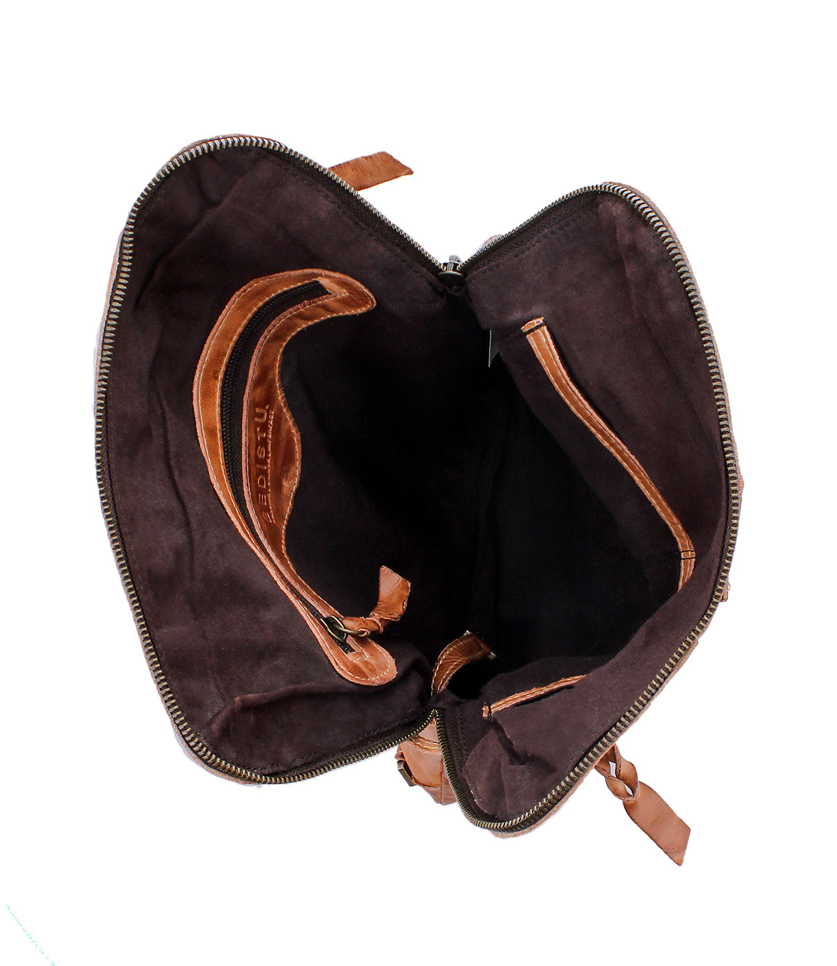 Top view of the open Bed|Stü Aiken bag crafted from brown full-grain leather, featuring multiple compartments and pockets, a dark fabric lining, and visible zipper closures.