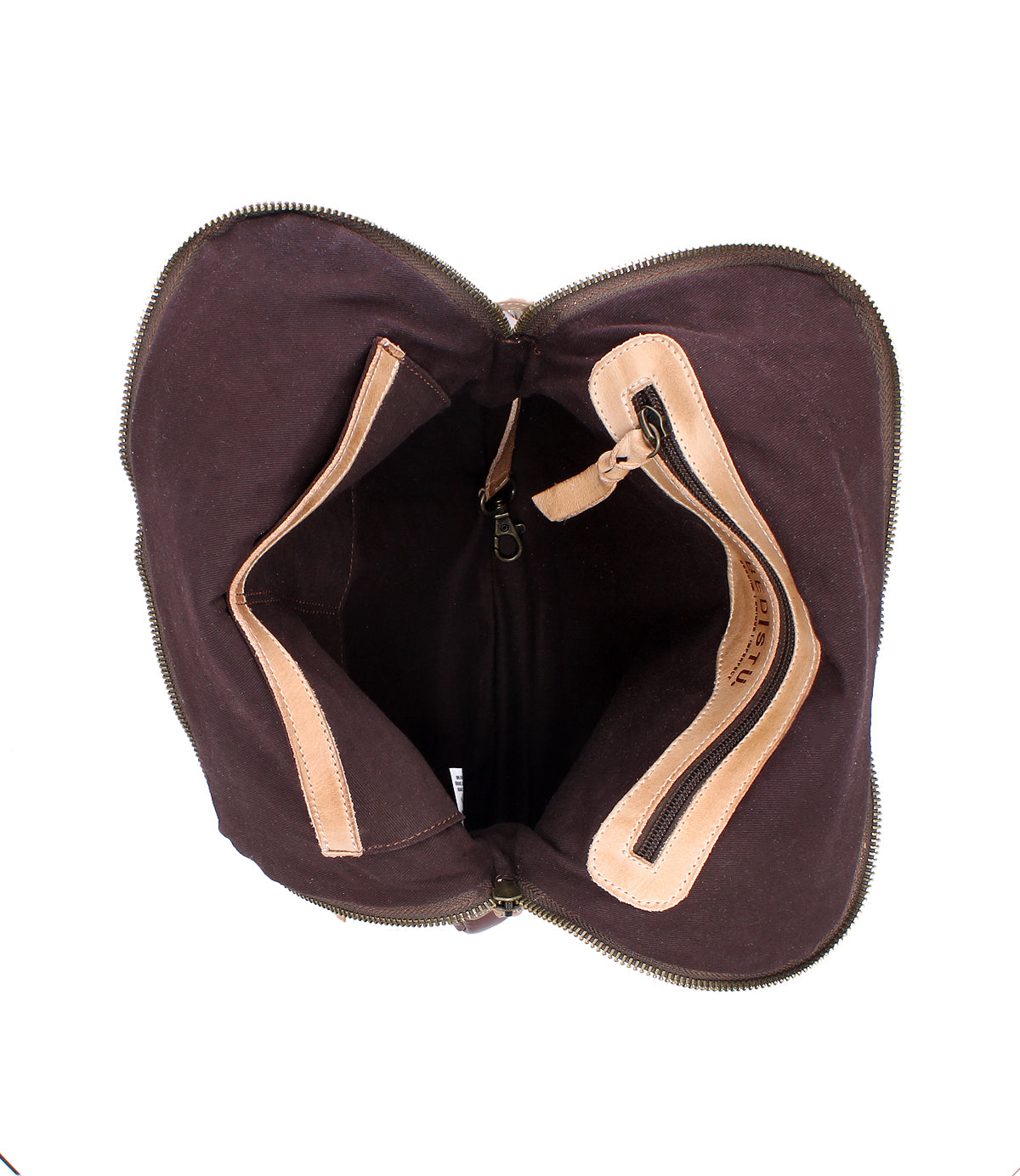 Top view of the Bed|Stü Aiken bag, showcasing its open brown canvas and full-grain leather construction with a spacious interior, visible zipper pocket, and tan leather trim. Designed with an adjustable strap for comfortable carrying and equipped with anti-theft security features for added peace of mind.