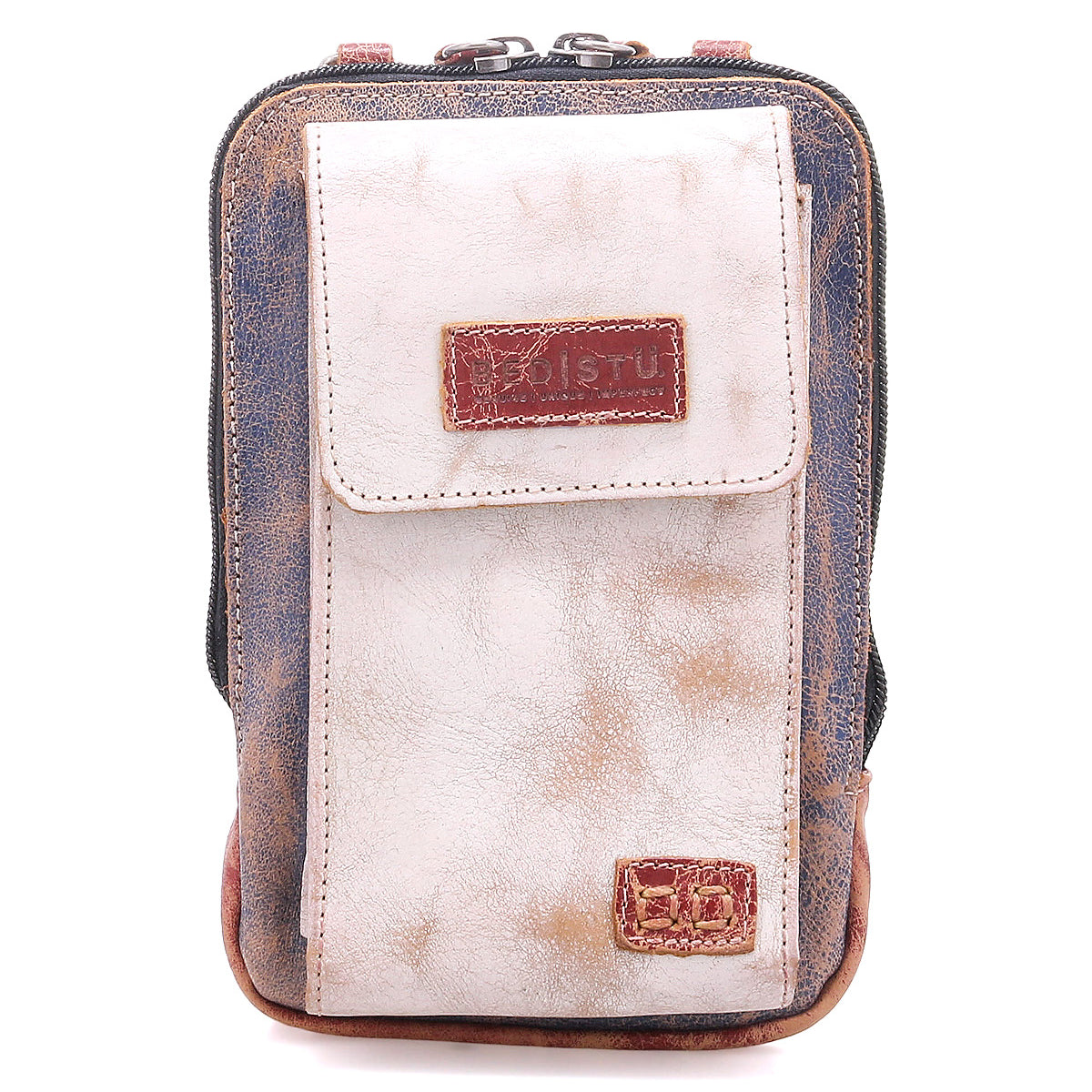 The Alelike by Bed|Stü is a small, rectangular leather crossbody bag featuring a worn beige front pocket and a main compartment—both with visible stitching and brown accents—making it the perfect compact purse for keeping your travel essentials organized.