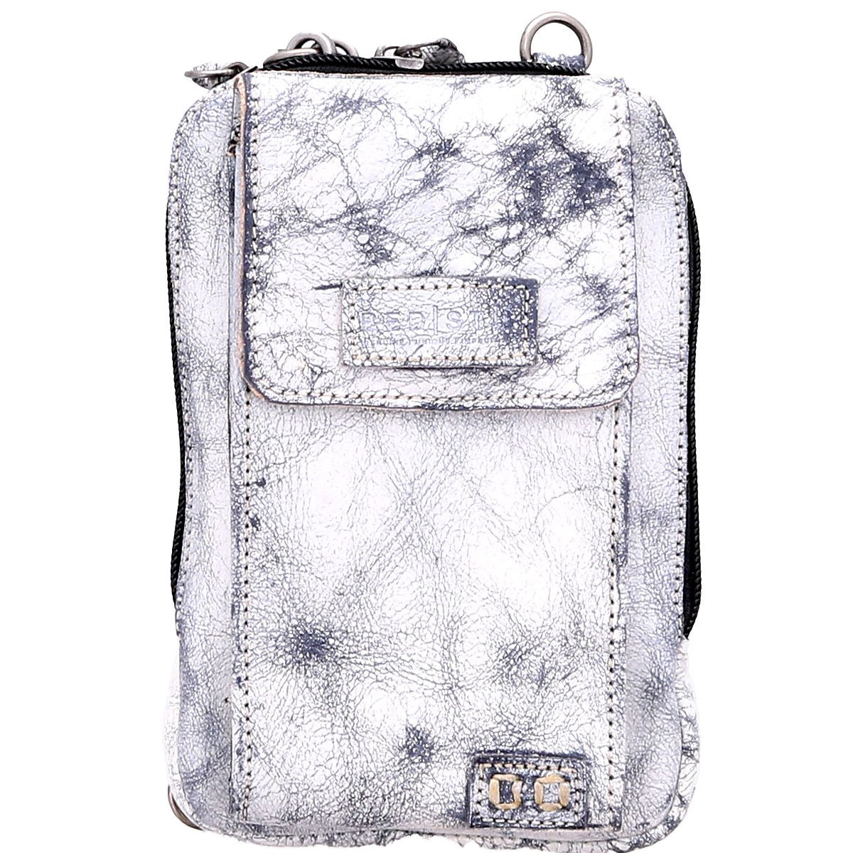 Meet Alelike by Bed|Stü—a small pouch in a silver-gray textured finish, featuring a front flap pocket, top zipper closure, and a metal ring on one corner. It’s the perfect stylish companion for carrying your travel essentials.