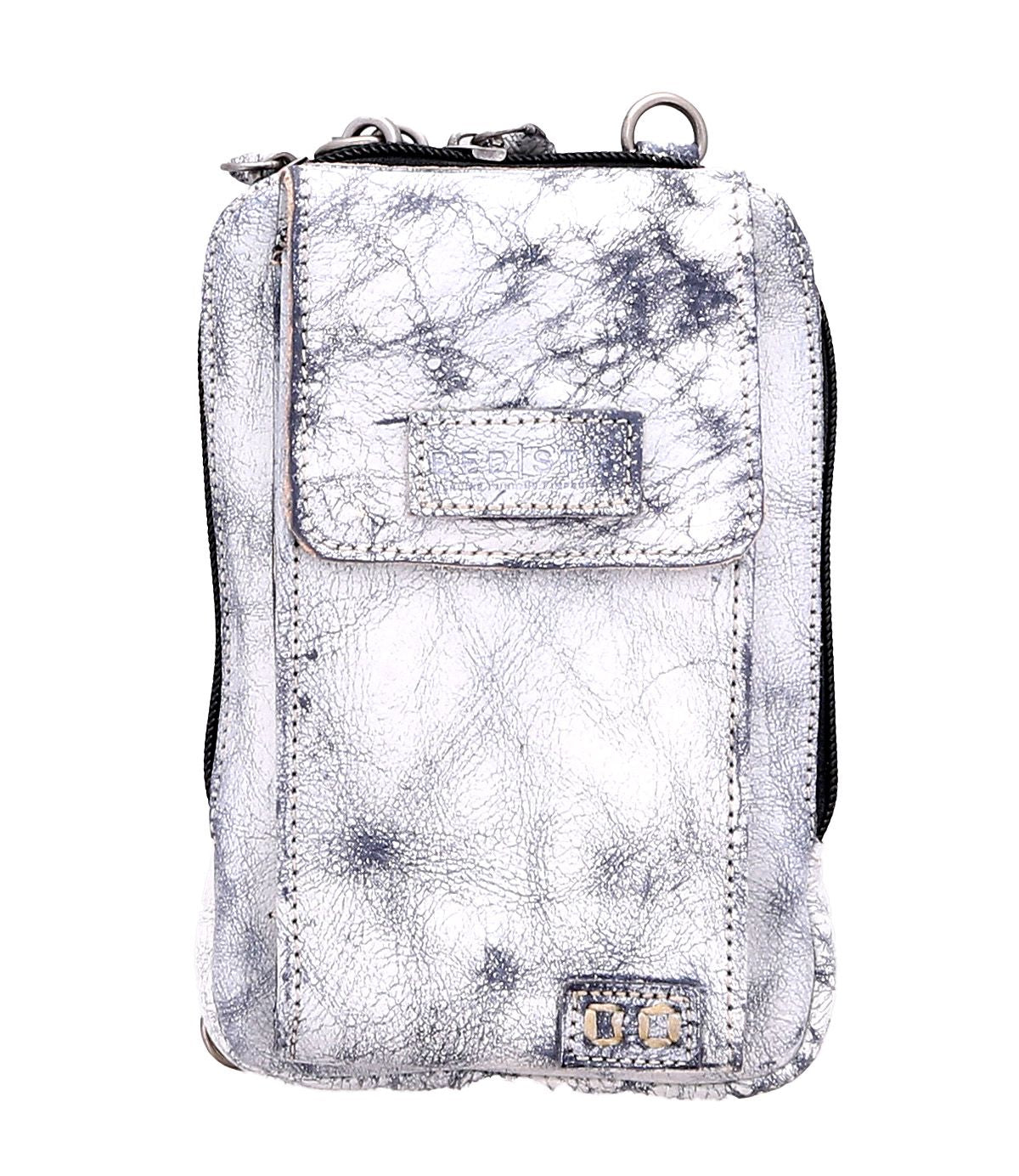 Meet Alelike by Bed|Stü—a small pouch in a silver-gray textured finish, featuring a front flap pocket, top zipper closure, and a metal ring on one corner. It’s the perfect stylish companion for carrying your travel essentials.