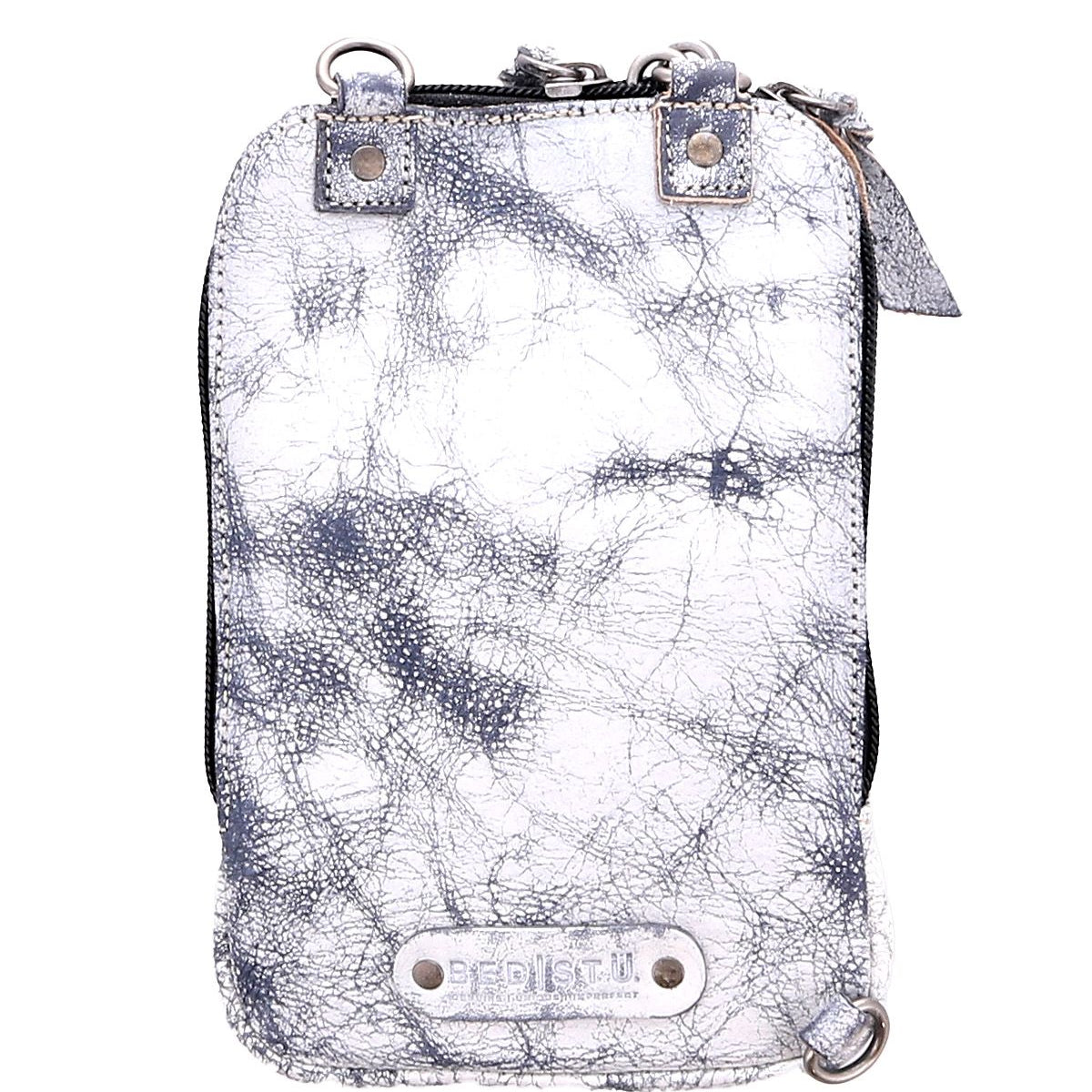 Introducing the Bed|Stü Alelike: a compact white and gray marbled leather crossbody bag featuring a zipper closure, metal accents, and a prominent Bed|Stü brand label plate on the front—perfect for carrying your travel essentials in style.