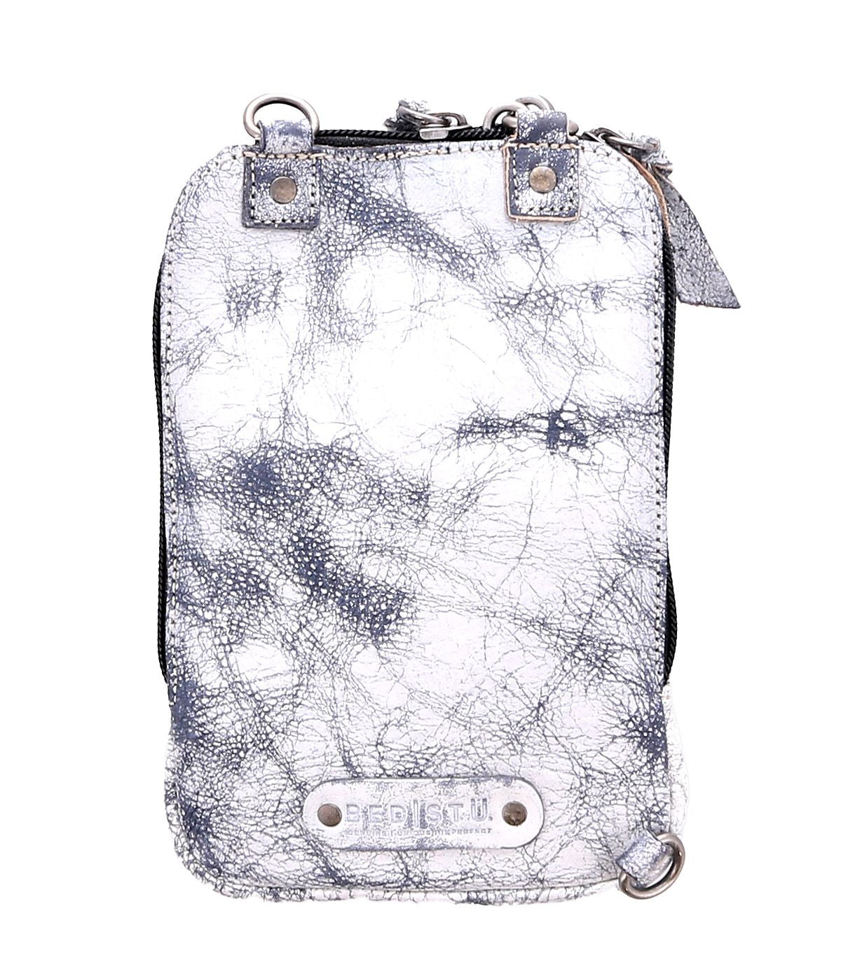 Introducing the Bed|Stü Alelike: a compact white and gray marbled leather crossbody bag featuring a zipper closure, metal accents, and a prominent Bed|Stü brand label plate on the front—perfect for carrying your travel essentials in style.