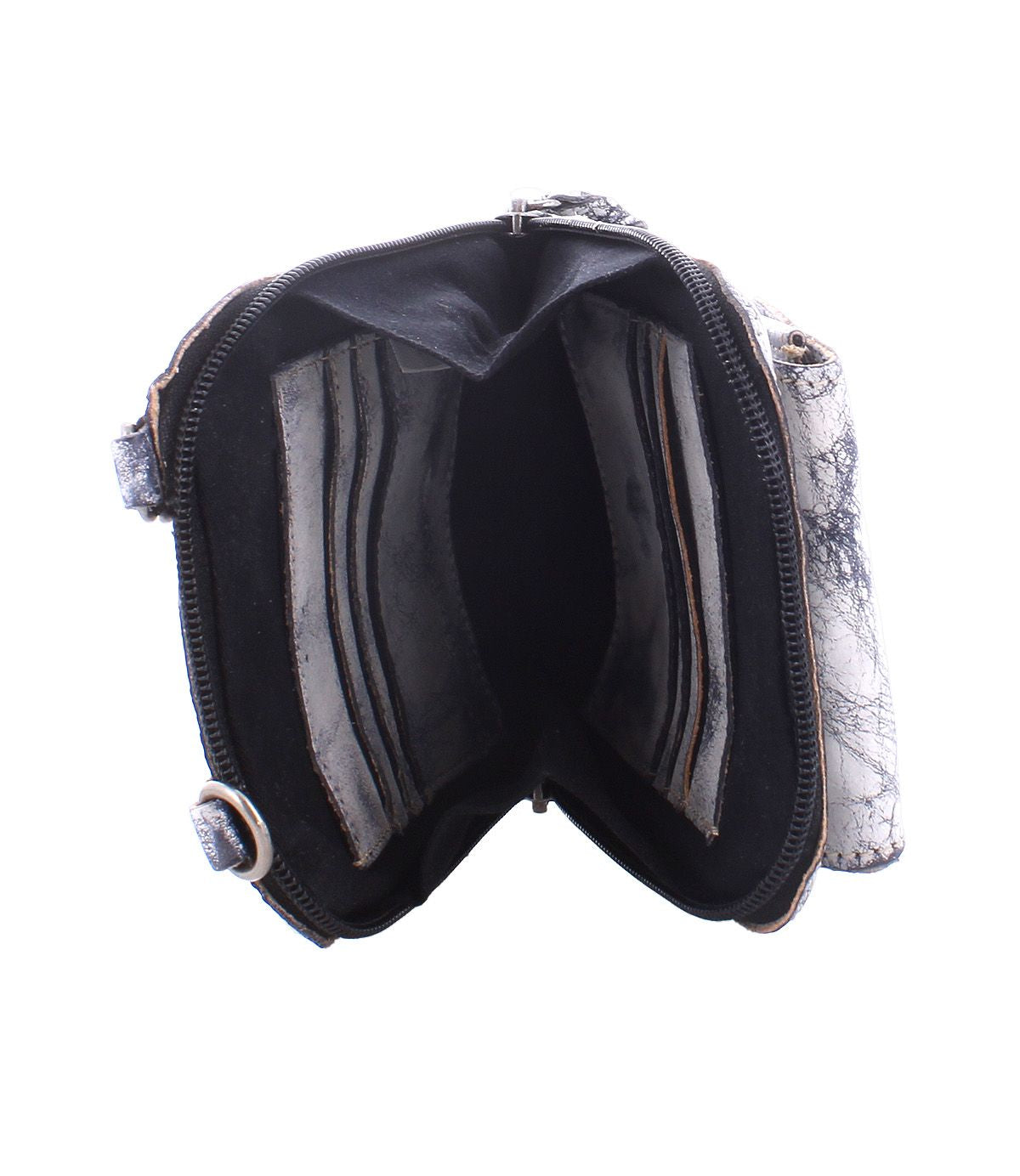 A top view of an open, empty, gently worn Alelike wallet by Bed|Stü with visible compartments and a zipper closure against a white background—an ideal reminder to keep your travel essentials organized in this compact leather purse or crossbody.