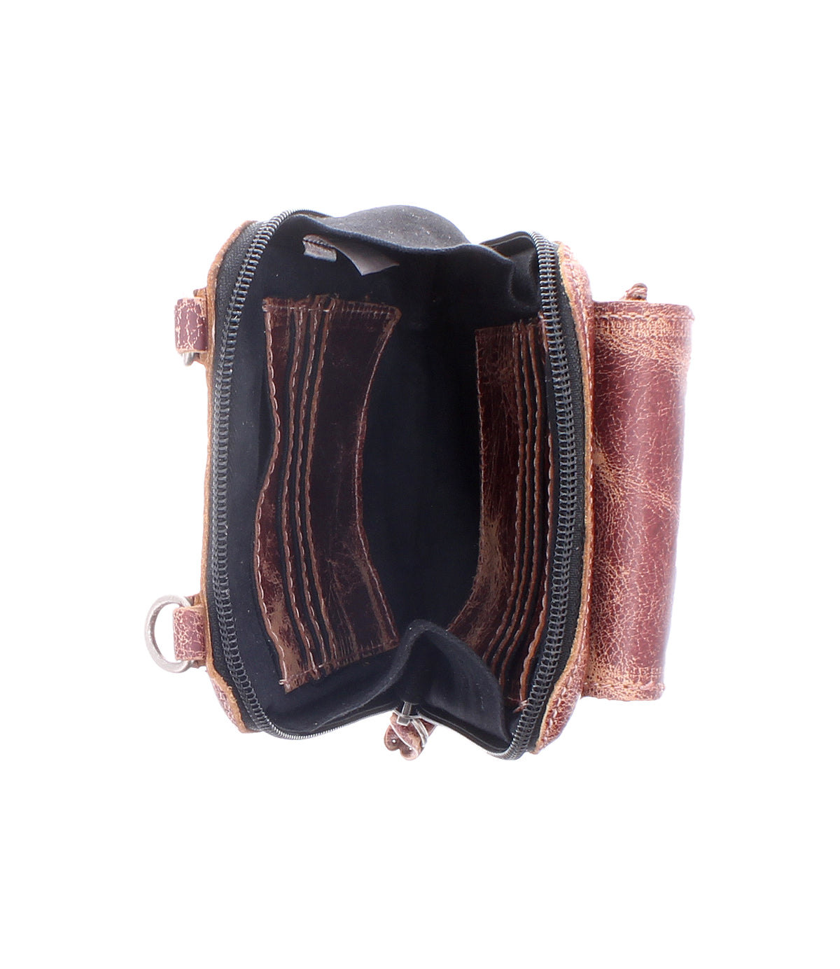 Bed|Stü's Alelike open brown leather wallet, featuring multiple compartments and a zipper, is pictured from above on a white background—a compact purse perfect for organizing your travel essentials.