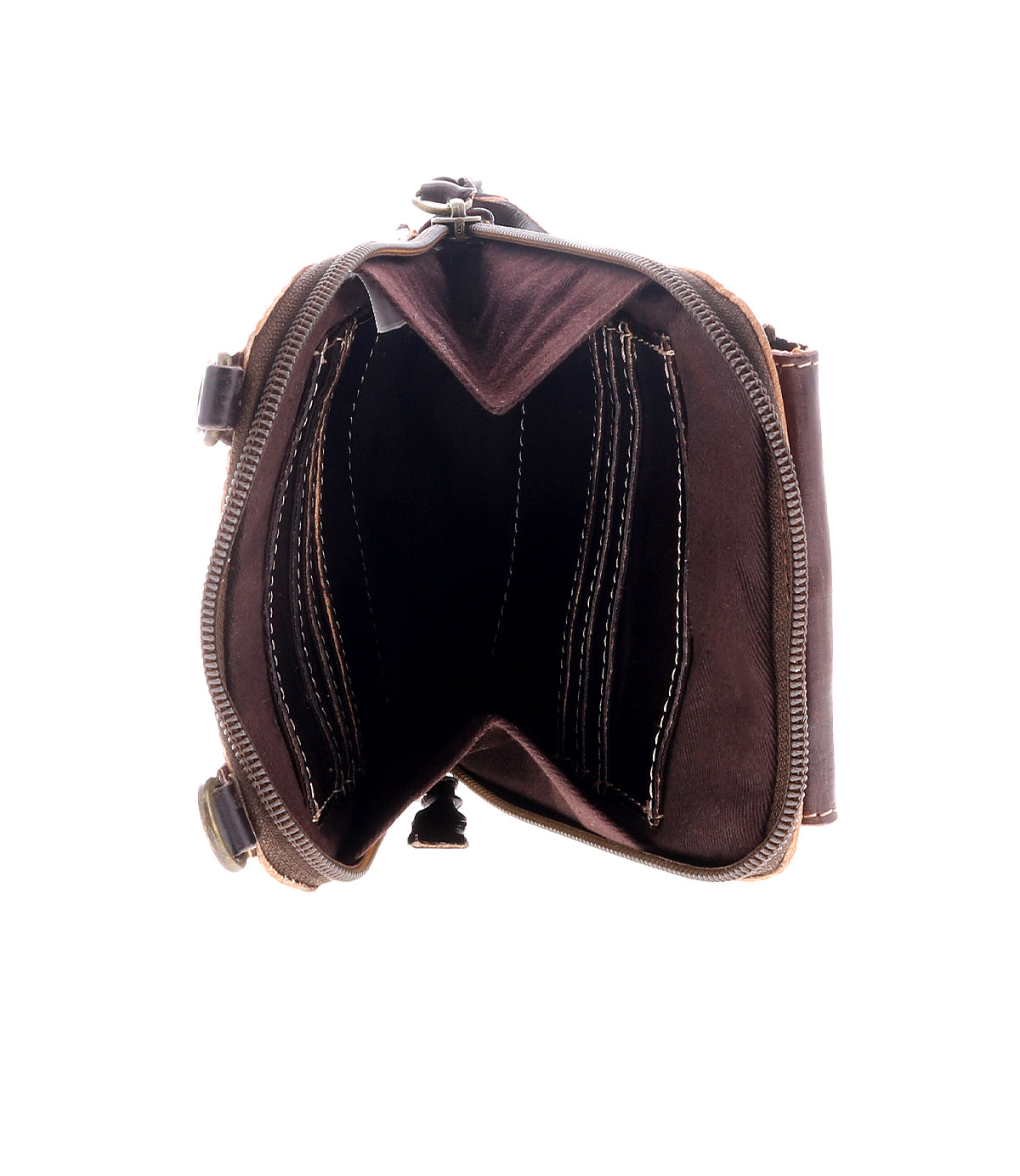 The Bed|Stü Alelike brown leather wallet features multiple compartments and distinctive white stitching, displayed open from above against a white background—an ideal compact purse for carrying travel essentials.