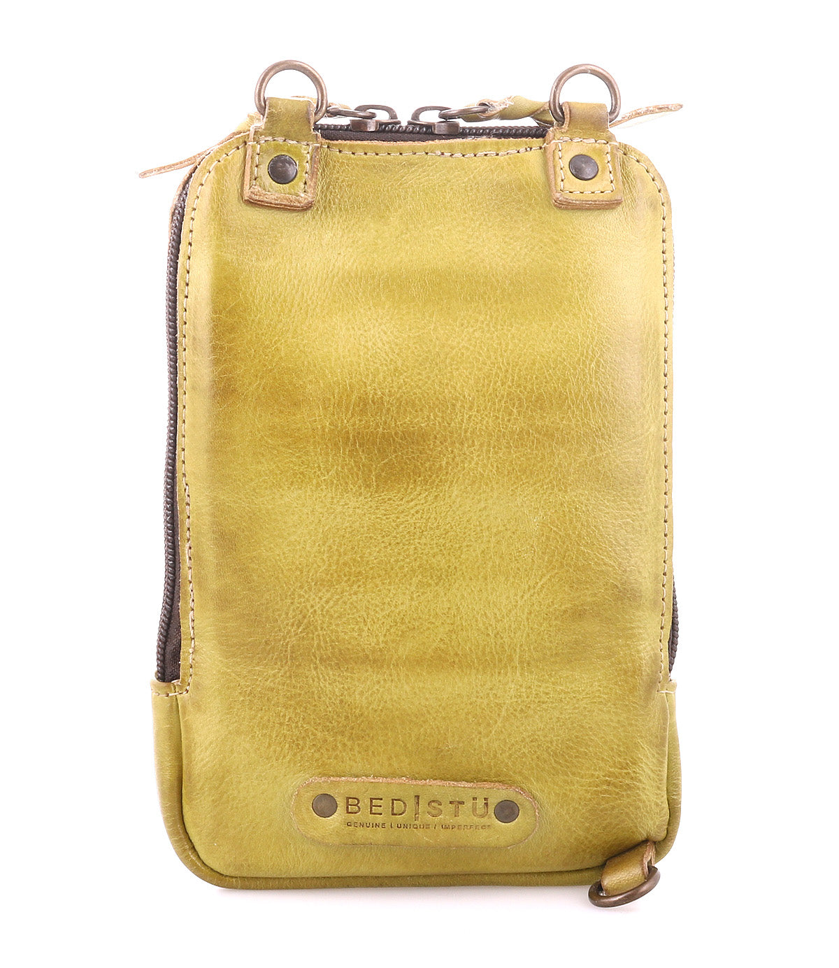 The Alelike by Bed|Stü is a small rectangular yellow leather pouch featuring a zipper closure, metal rings, and a "Bed|Stü" branded leather patch at the bottom front—making this compact purse ideal for carrying travel essentials or styling as a chic leather crossbody.