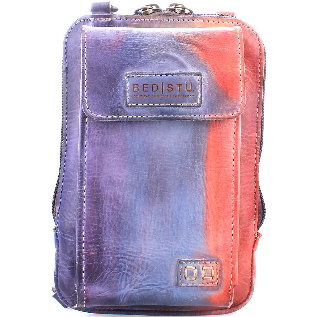 Compact and stylish, the Alelike leather crossbody bag by Bed|Stü showcases a stunning gradient design in purple, blue, and red tones—perfect for carrying your travel essentials on the go. The front flap features the "Bed|Stü" logo, while visible stitching along the edges adds a touch of handcrafted charm.
