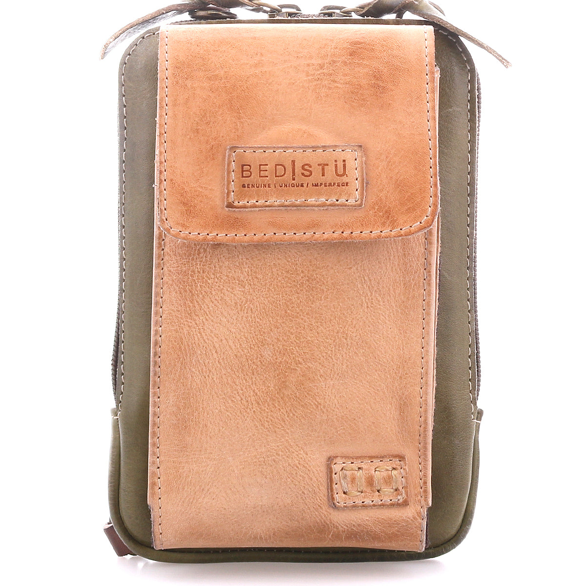 The Alelike by Bed|Stü is a compact olive green and tan leather crossbody bag featuring a front flap pocket and the Bed|Stü label, perfect for carrying your travel essentials. This purse is photographed on a plain white background.
