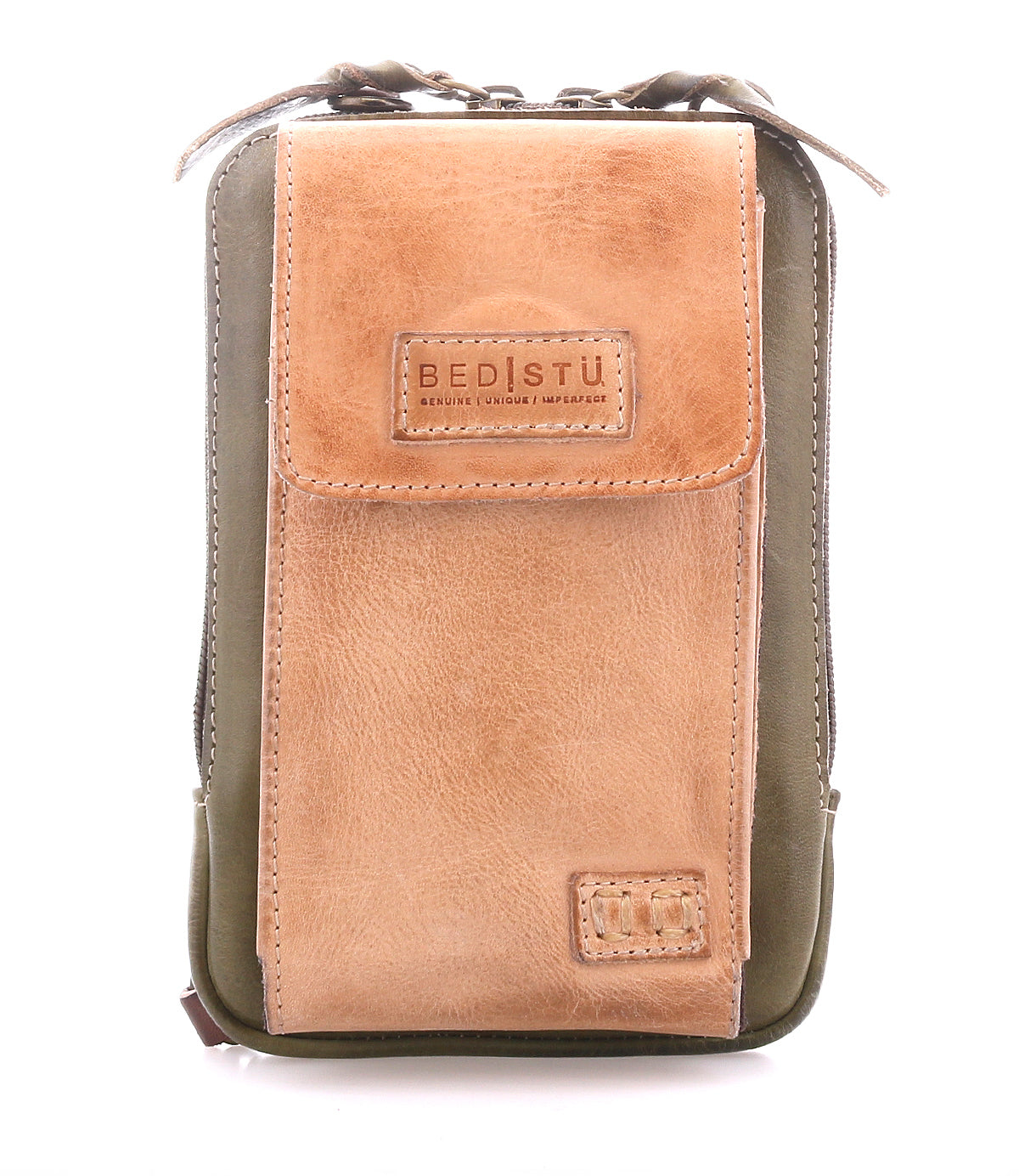 The Alelike by Bed|Stü is a compact olive green and tan leather crossbody bag featuring a front flap pocket and the Bed|Stü label, perfect for carrying your travel essentials. This purse is photographed on a plain white background.