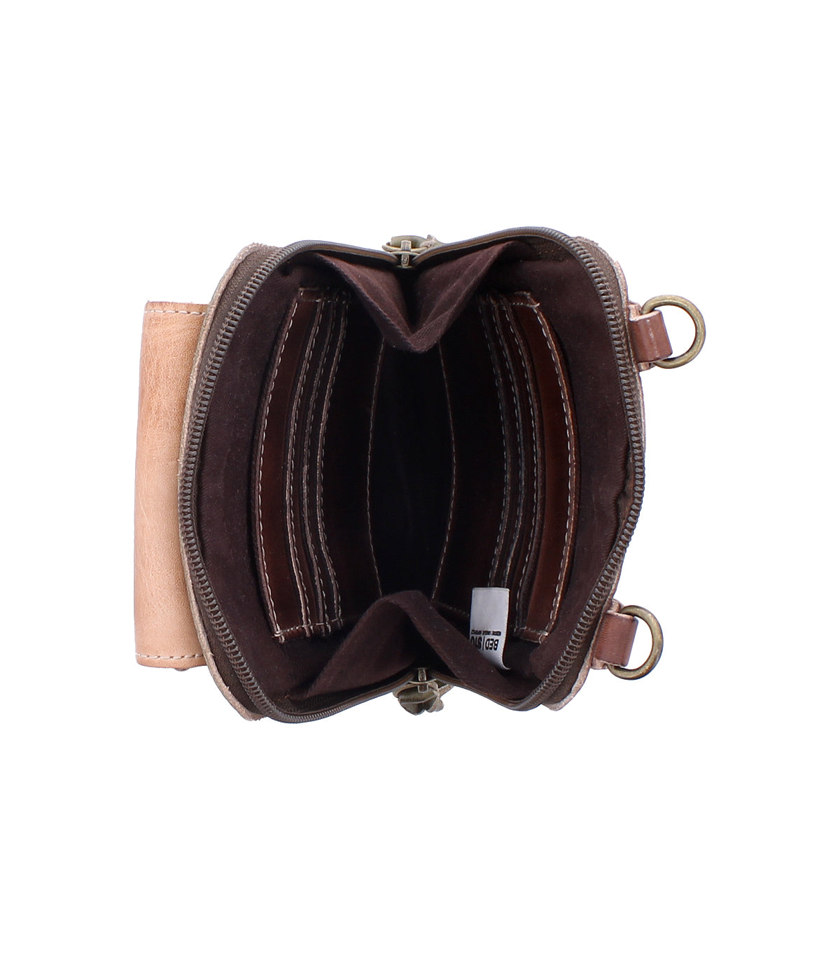 Top view of the empty Alelike wallet by Bed|Stü in brown leather, showcasing multiple compartments, a zipper closure, and visible interior stitching—ideal as a travel essential or for keeping organized in your favorite leather crossbody.