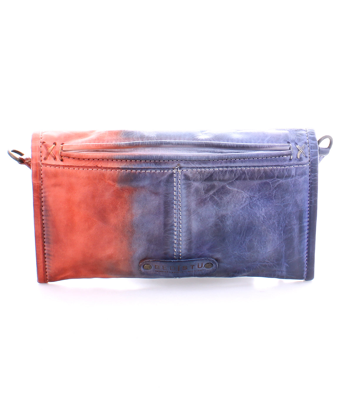 Introducing Amina by Bed|Stü—a stylish leather clutch bag with a front zipper pocket and a striking gradient color fade from red on the left to blue on the right. This versatile accessory also doubles as a compact wallet for your essentials.