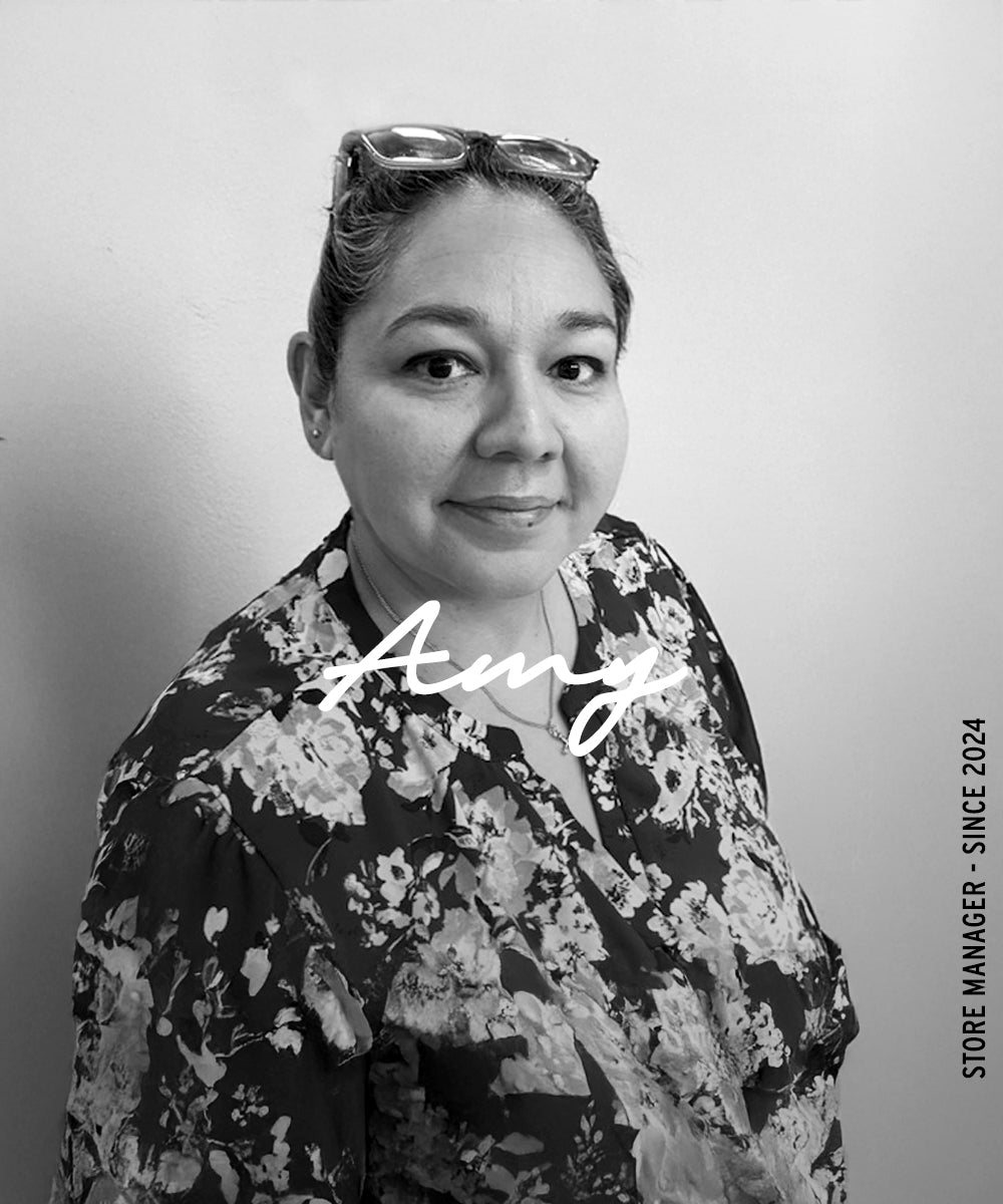 Black-and-white portrait of a woman with the name “Amy” overlaid and vertical text reading “Store Manager · Since 2024.”