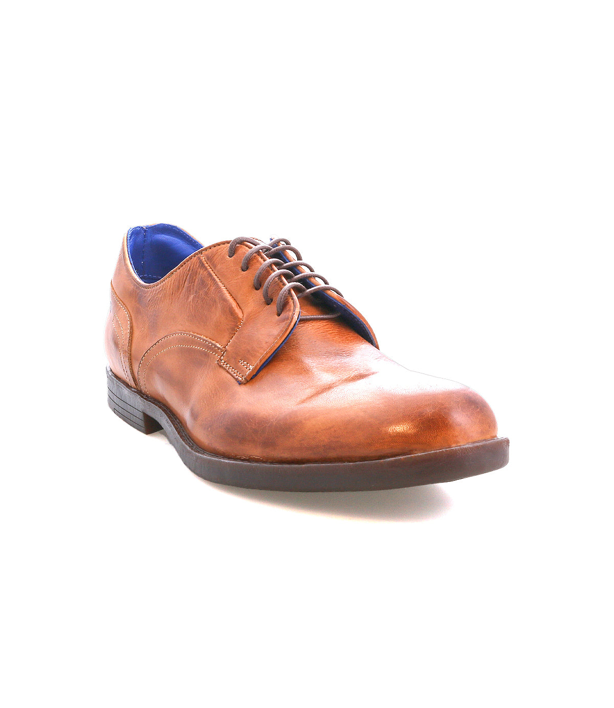 A single Anchiano oxford shoe by Bed|Stü, crafted from distressed brown leather with dark laces, a low heel, a slightly pointed toe, and a flexible sole, is photographed on a white background.