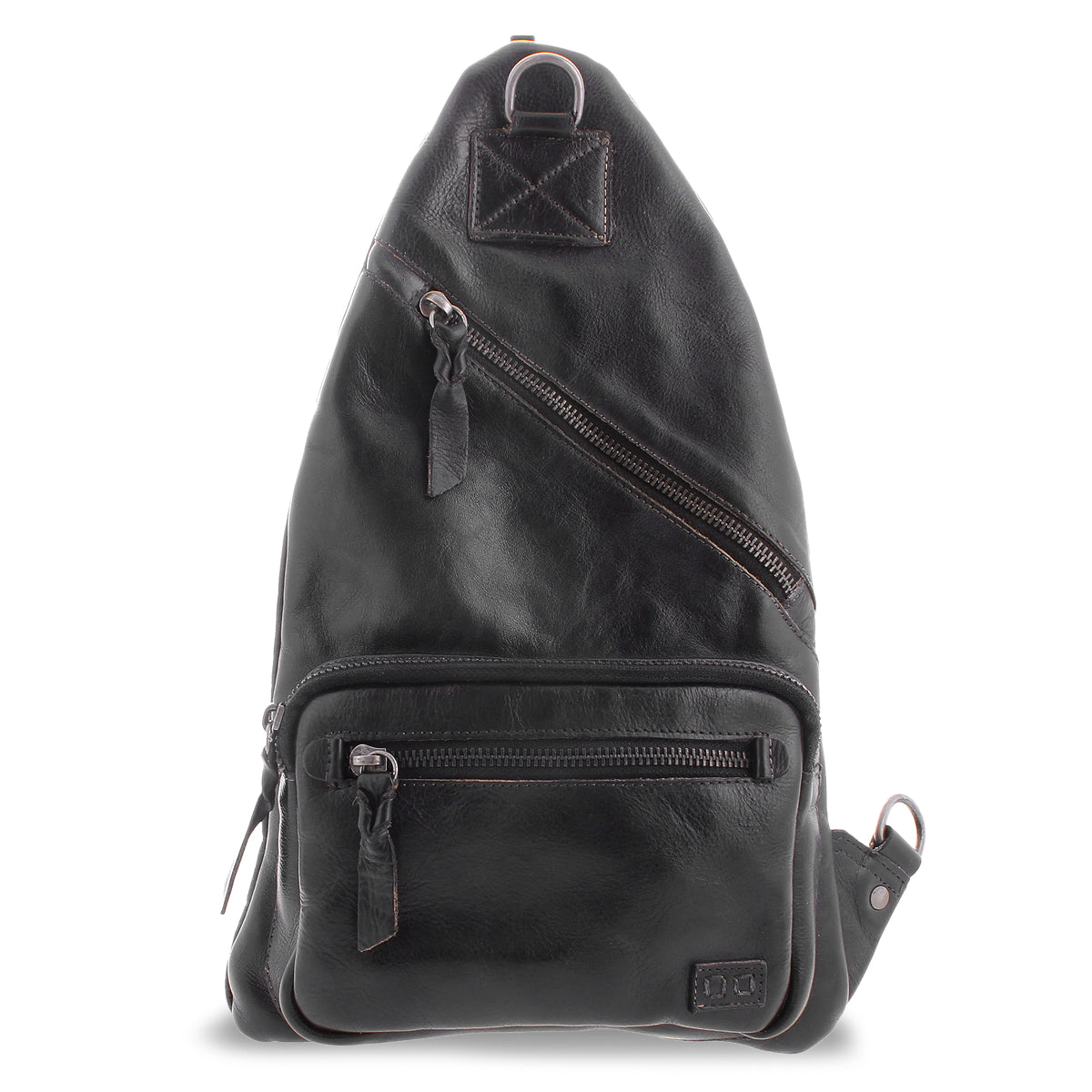 Introducing the Andie by Bed|Stü: a black leather sling bag featuring two zippered front pockets, a small branded patch at the bottom, an adjustable strap for personalized comfort, and a convenient top handle for easy carrying.