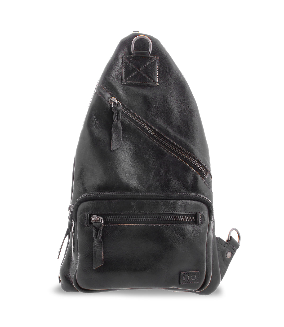 Introducing the Andie by Bed|Stü: a black leather sling bag featuring two zippered front pockets, a small branded patch at the bottom, an adjustable strap for personalized comfort, and a convenient top handle for easy carrying.