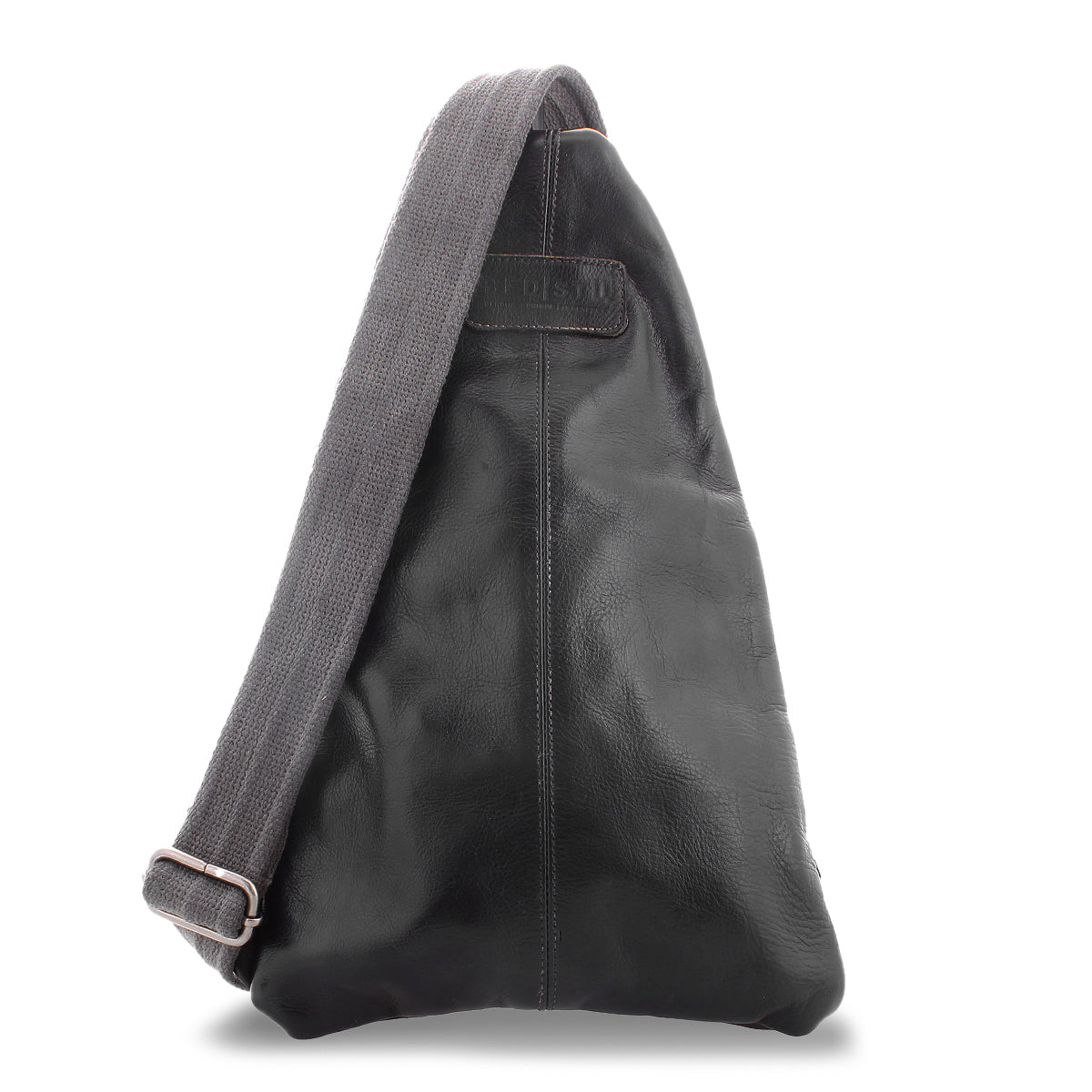 The Andie by Bed|Stü is a sleek black leather sling bag featuring a wide, adjustable gray fabric strap, shown against a plain white background.