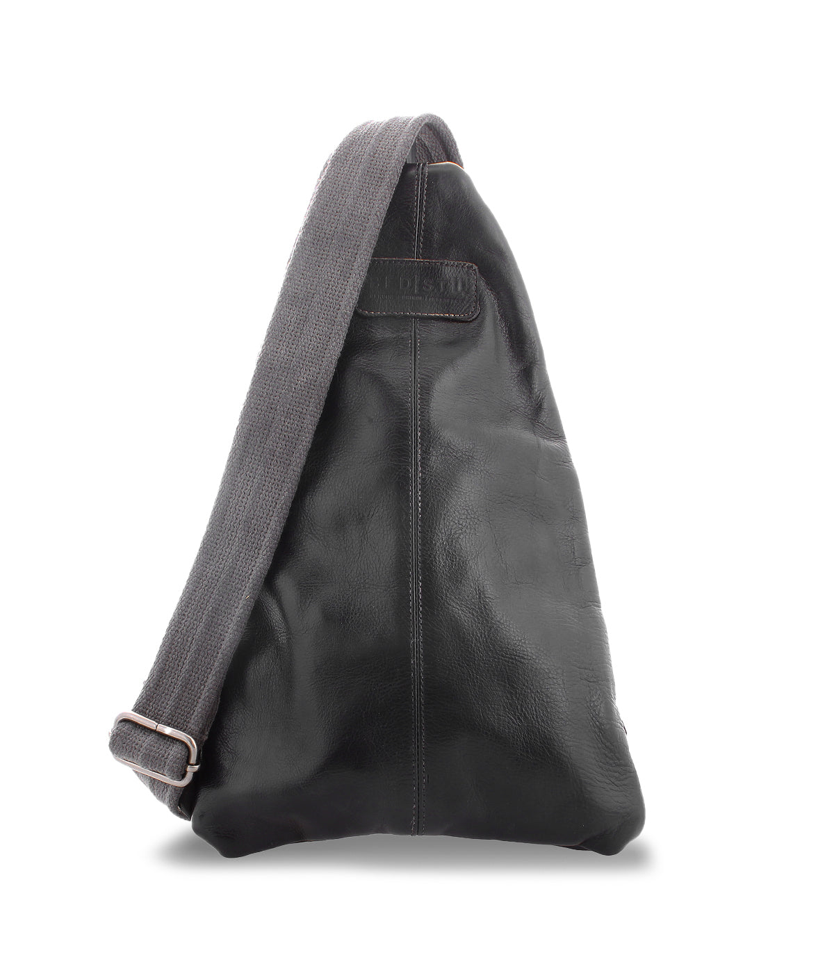 The Andie by Bed|Stü is a sleek black leather sling bag featuring a wide, adjustable gray fabric strap, shown against a plain white background.