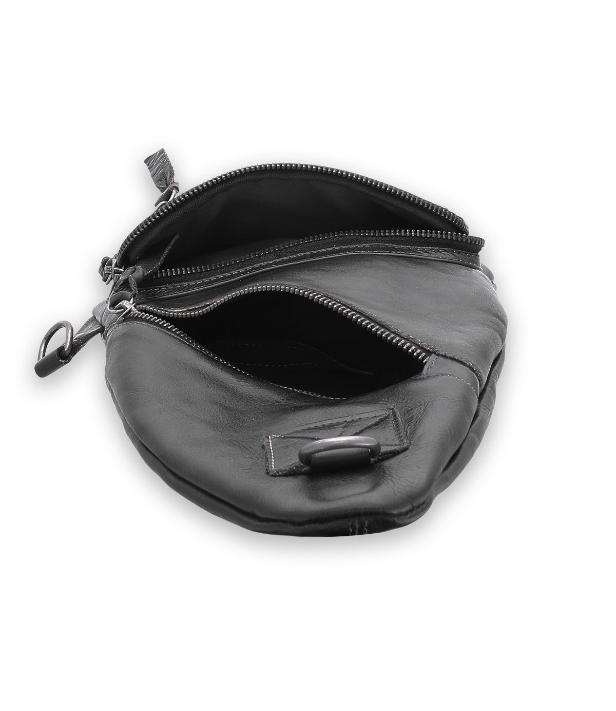 The Bed|Stü Andie is a black leather pouch with two zippered compartments, displayed open against a white background. A small adjustable strap and metal clip can be seen on the left side of this leather sling bag.