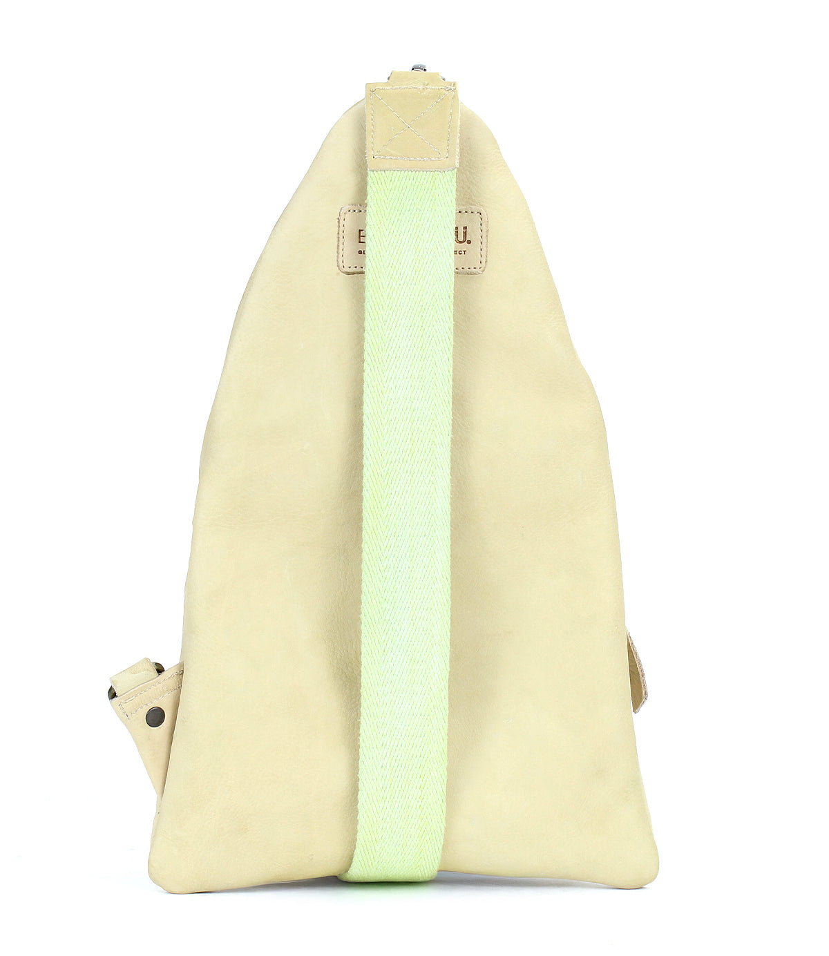 The Andie triangular sling bag by Bed|Stü is shown from the back against a plain white background, featuring a beige body and a single light green adjustable strap.