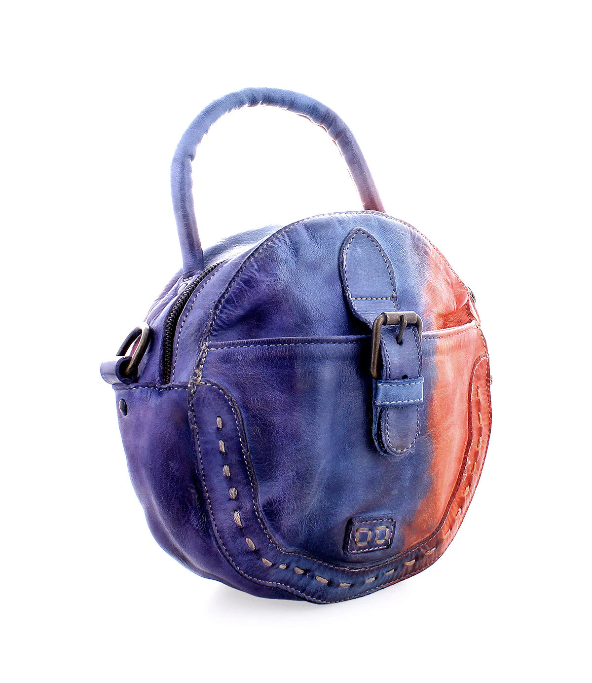 The Arenfield by Bed|Stü is a round leather crossbody bag with a top handle and adjustable strap, showcasing a gradient blue and orange color scheme, visible stitching, side buckle detail, zip-top closure, and a small front pocket—all photographed against a white background.