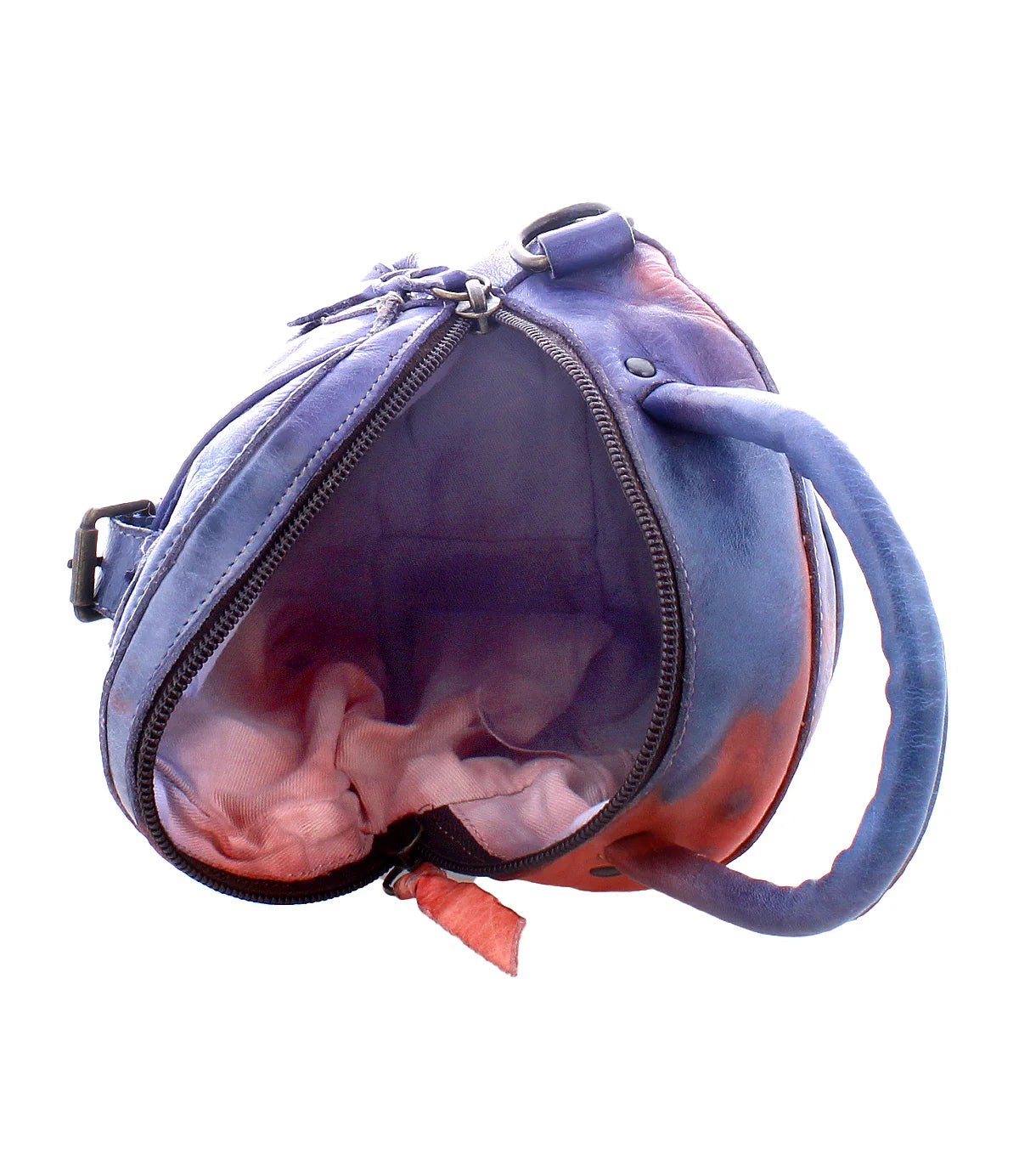 The Arenfield bag by Bed|Stü is a plush, heart-shaped accessory in purple and pink tones, featuring a round handle, adjustable strap, and zipper pull. The bag is shown partially unzipped to reveal its interior.