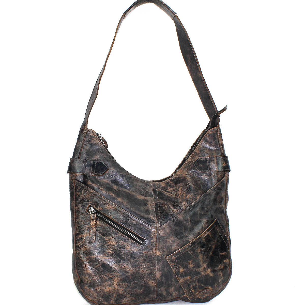 The Argus by Bed|Stü is a distressed brown handcrafted leather shoulder bag, featuring an angled front zipper pocket, an exterior patch pocket, and a single wide strap.