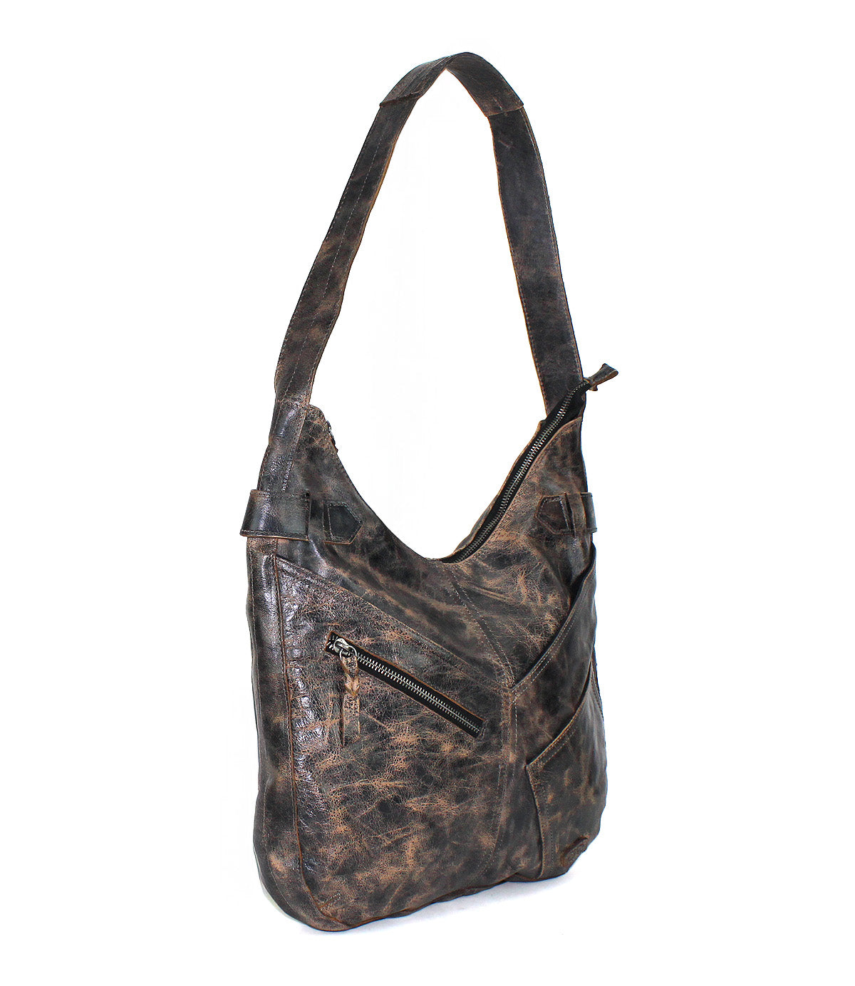 The Bed|Stü Argus is a brown distressed handcrafted leather shoulder bag featuring a large main compartment, a slanted front zippered pocket, and a wide strap, shown against a white background.