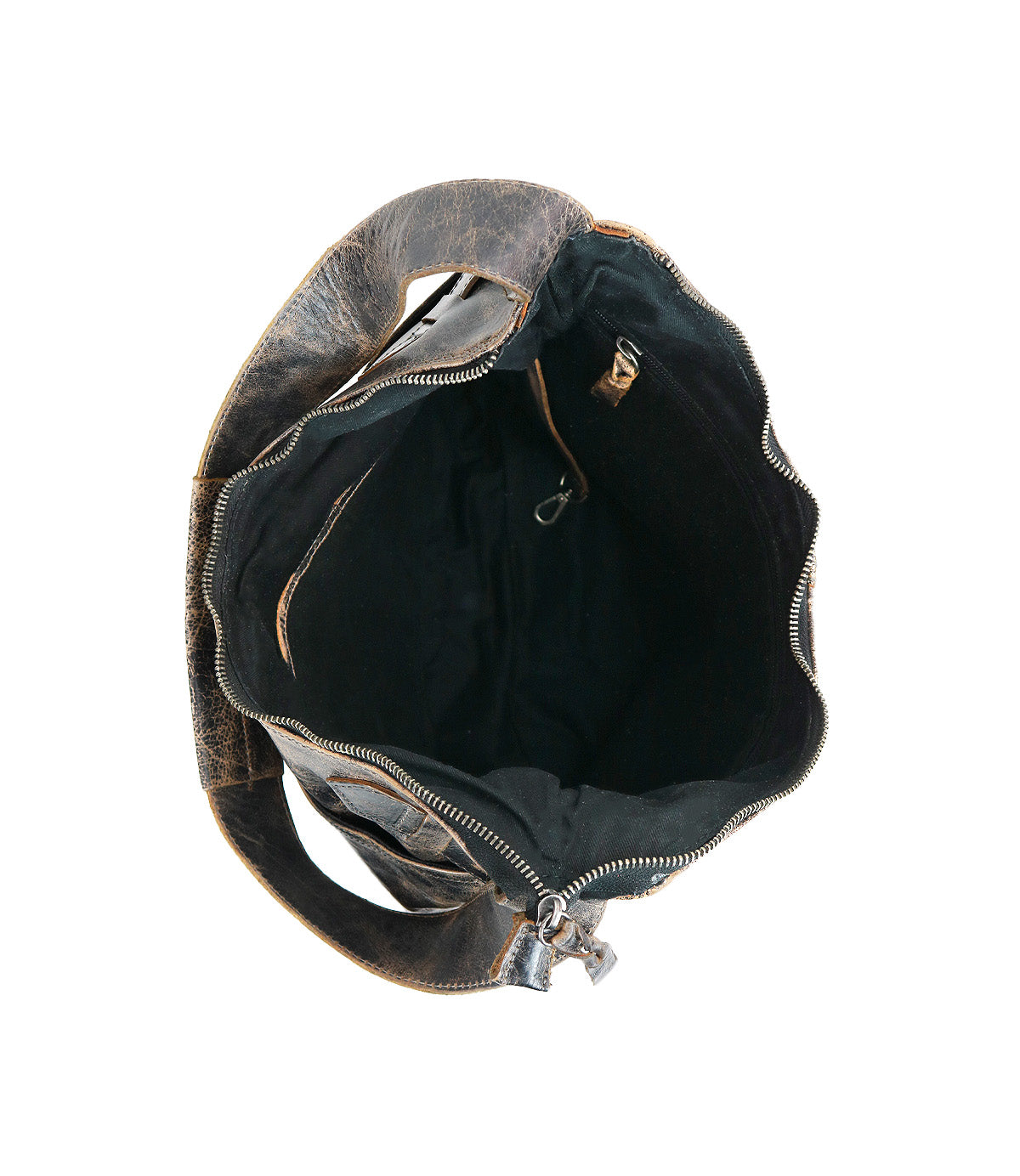 Top view of an open Bed|Stü Argus handcrafted leather shoulder bag with a zipper, featuring a spacious black interior, an inner pocket, and a small metal clasp.