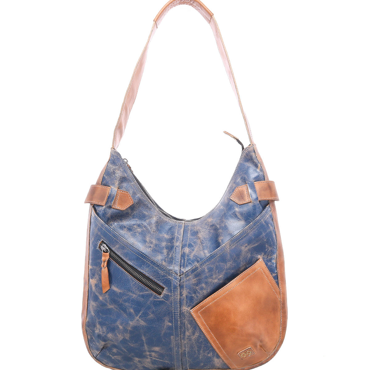 Introducing the Argus by Bed|Stü—a handcrafted blue and brown patchwork leather shoulder bag featuring a large handle, convenient front zipper pocket, and an angled brown accent pocket. This stylish and functional bag is perfect for everyday use.