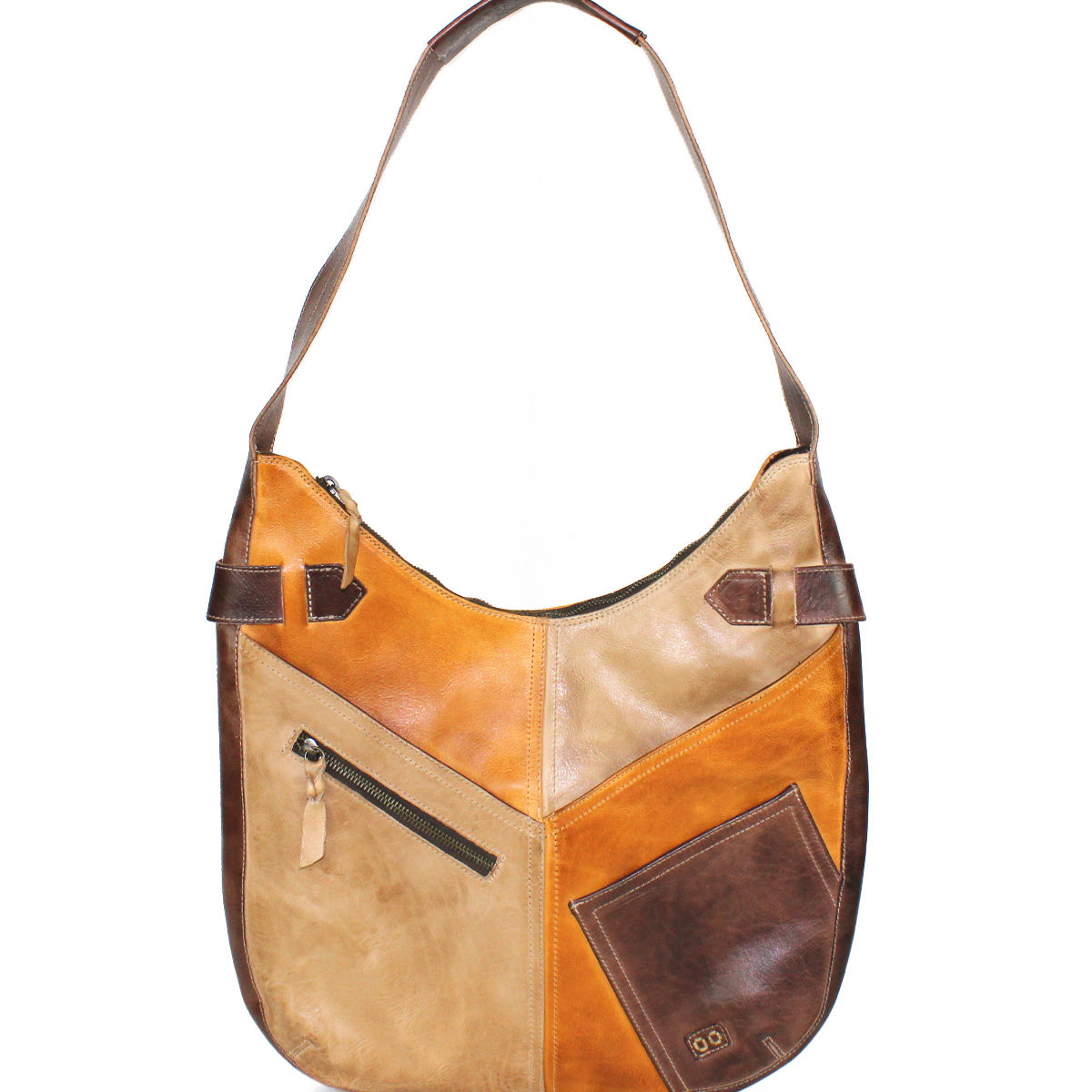The Argus by Bed|Stü is a brown handcrafted leather shoulder bag with a patchwork design, featuring multiple shades, a zippered pocket, and oversized front pockets for added convenience.