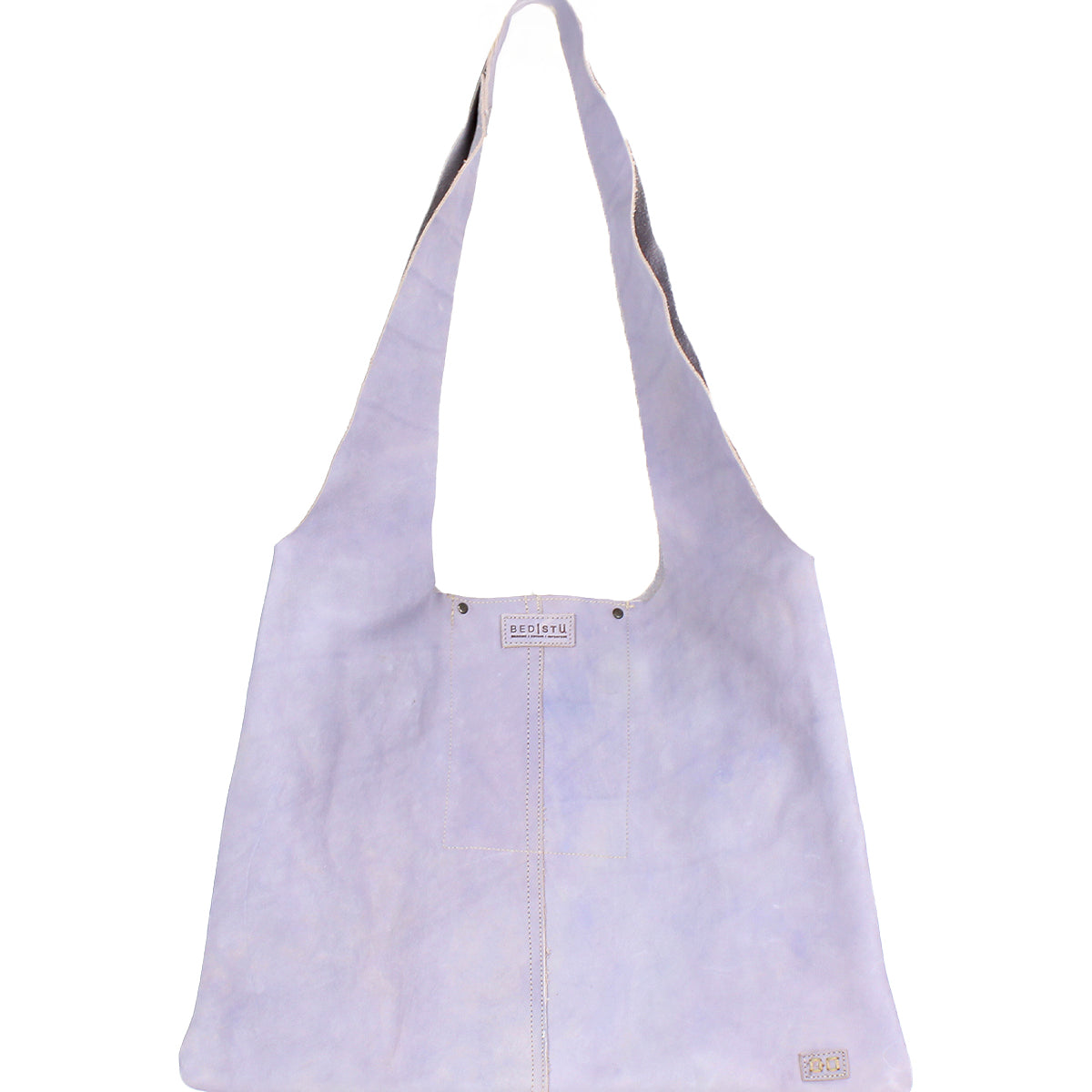 The Ariel II by Bed|Stü is a light purple suede shoulder bag featuring a wide strap, a rectangular silhouette, and a small branded patch near the bottom corner—delivering lightweight style and everyday practicality in one chic tote.